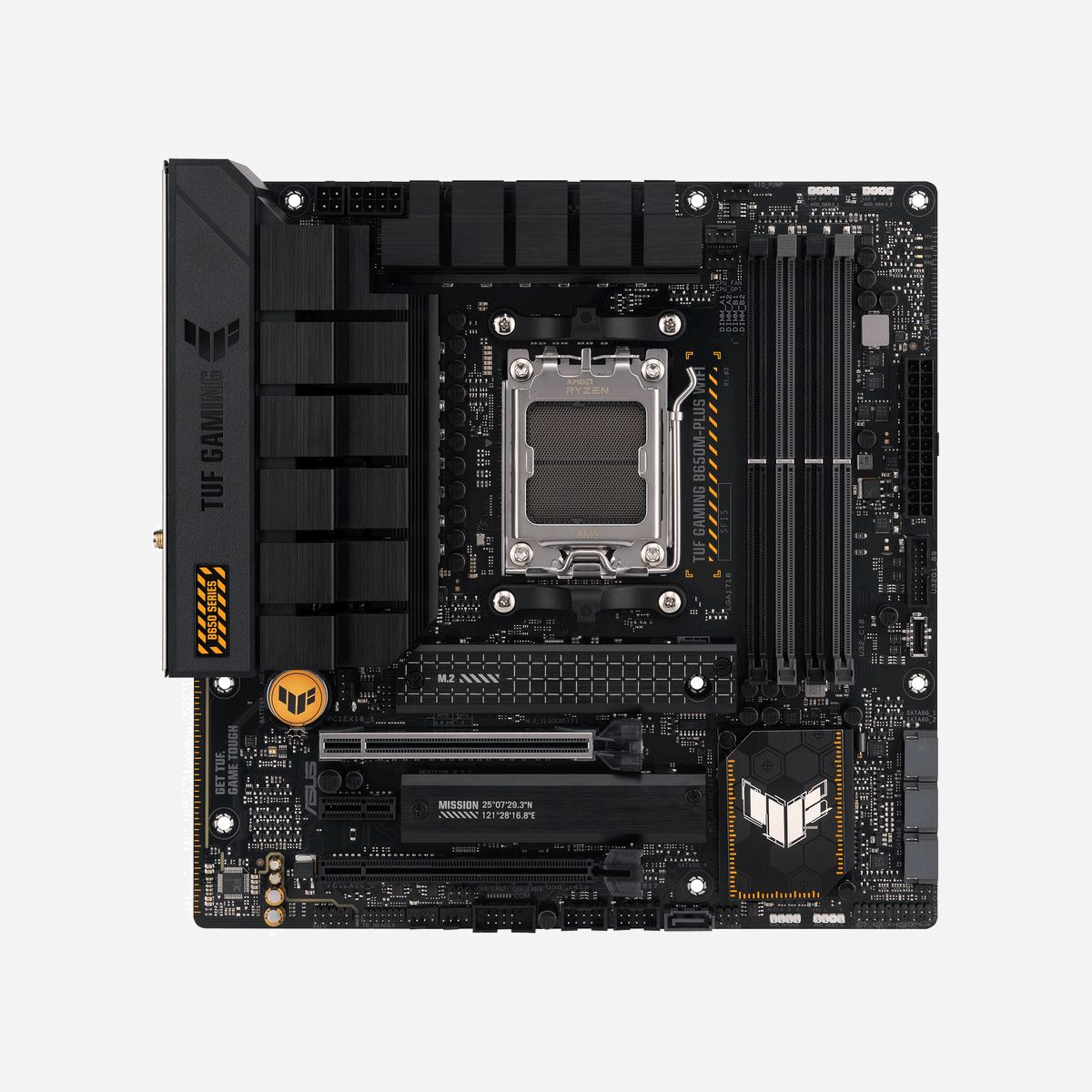 ASUS TUF GAMING B650M-PLUS WIFI - Carte mère micro ATX AMD B650 Socket AM5, DDR5, Wi-Fi 6, 2.5GbE, Double M.2, PCIe 4.0, USB 3.2 Gen 2x2 - ASUS TUF GAMING B650M-PLUS WIFI. Fabricant de processeur: AMD, Socket de processeur (réceptable de processeur): Emplacement AM5. Types de mémoire pris en charge: DDR5-SDRAM, Mémoire interne maximale: 128 Go, Type de support (slot): DIMM. Interfaces de lecteur de stockage prises en charge: M.2, SATA III, Types de lecteurs de stockage pris en charge: HDD & SSD, Niveaux RAID: 0, 1, 10. Type d'interface Ethernet: 2.5 Gigabit Ethernet, Fast Ethernet, Gigabit Ethernet, Norme Wi-Fi: Wi-Fi 6 (802.11ax), Standards wifi: 802.11a, 802.11b, 802.11g, Wi-Fi 4 (802.11n), Wi-Fi 5 (802.11ac), Wi-Fi 6 (802.11ax). composant pour: PC, Elément de forme de carte mère: micro ATX, famille de composant de produits: AMD