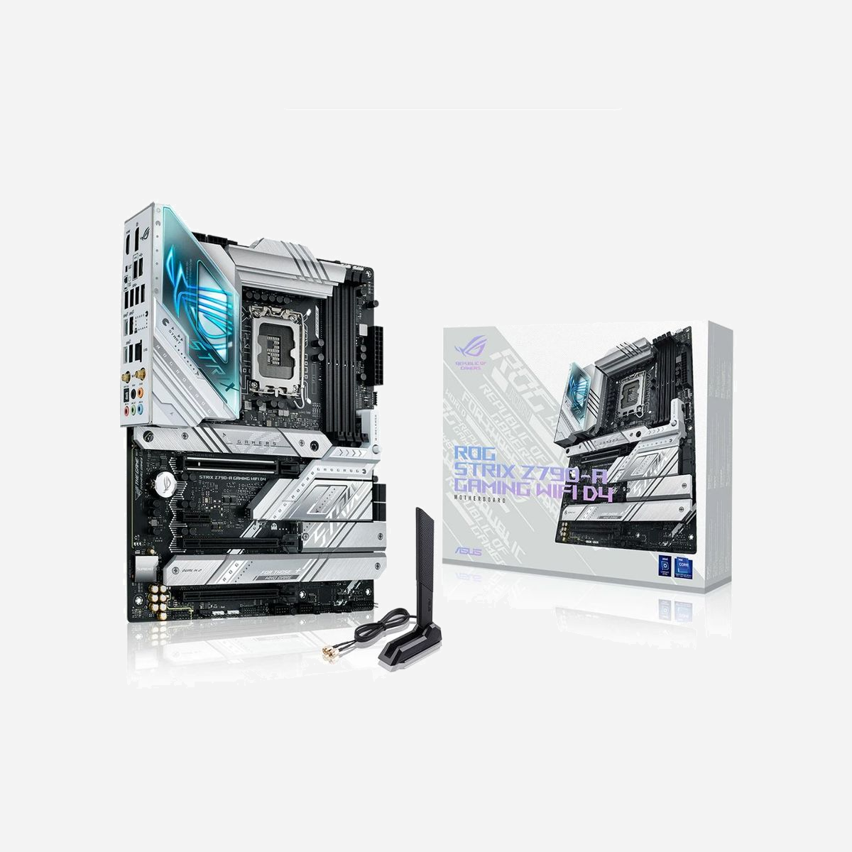 ASUS ROG STRIX Z790-A GAMING WIFI D4 : Carte mère ATX Intel Z790, Socket LGA 1700, DDR4 128Go max, Wi-Fi 6E, 2.5GbE, RAID, M.2/SATA III - ASUS ROG STRIX Z790-A GAMING WIFI D4. Fabricant de processeur: AMD, Socket de processeur (réceptable de processeur): LGA 1700, Processeurs compatibles: Intel® Celeron®, Intel® Core™ i3, Intel® Core™ i5, Intel® Core™ i7, Intel® Core™ i9,.... Types de mémoire pris en charge: DDR4-SDRAM, Mémoire interne maximale: 128 Go, Type de support (slot): DIMM. Interfaces de lecteur de stockage prises en charge: M.2, SATA III, Types de lecteurs de stockage pris en charge: HDD & SSD, Niveaux RAID: 0, 1, 5, 10. Type d'interface Ethernet: 2.5 Gigabit Ethernet, Norme Wi-Fi: Wi-Fi 6E (802.11ax), Standards wifi: 802.11a, 802.11b, 802.11g, Wi-Fi 4 (802.11n), Wi-Fi 5 (802.11ac), Wi-Fi 6 (802.11ax), Wi-Fi 6E.... composant pour: PC, Elément de forme de carte mère: ATX, famille de composant de produits: Intel