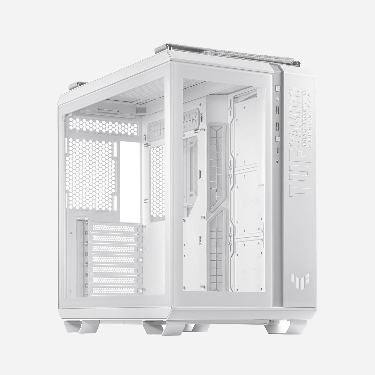 ASUS TUF Gaming GT502 Blanc - Boîtier PC Midi Tower ATX/micro ATX/Mini-ITX, 4 baies 3.5", USB 3.2 Gen1/Gen2, Vent. 120/140mm, Vitre trempée - ASUS TUF Gaming GT502. Format: Midi Tower, Type: PC, Couleur du produit: Blanc. Pris en charge des diamètres des ventilateurs arrières: 120 mm, Pris en charge des diamètres des ventilateurs supérieurs: 120,140 mm. Tailles de disques durs supportées: 2.5,3.5". Largeur: 285 mm, Profondeur: 450 mm, Hauteur: 446 mm