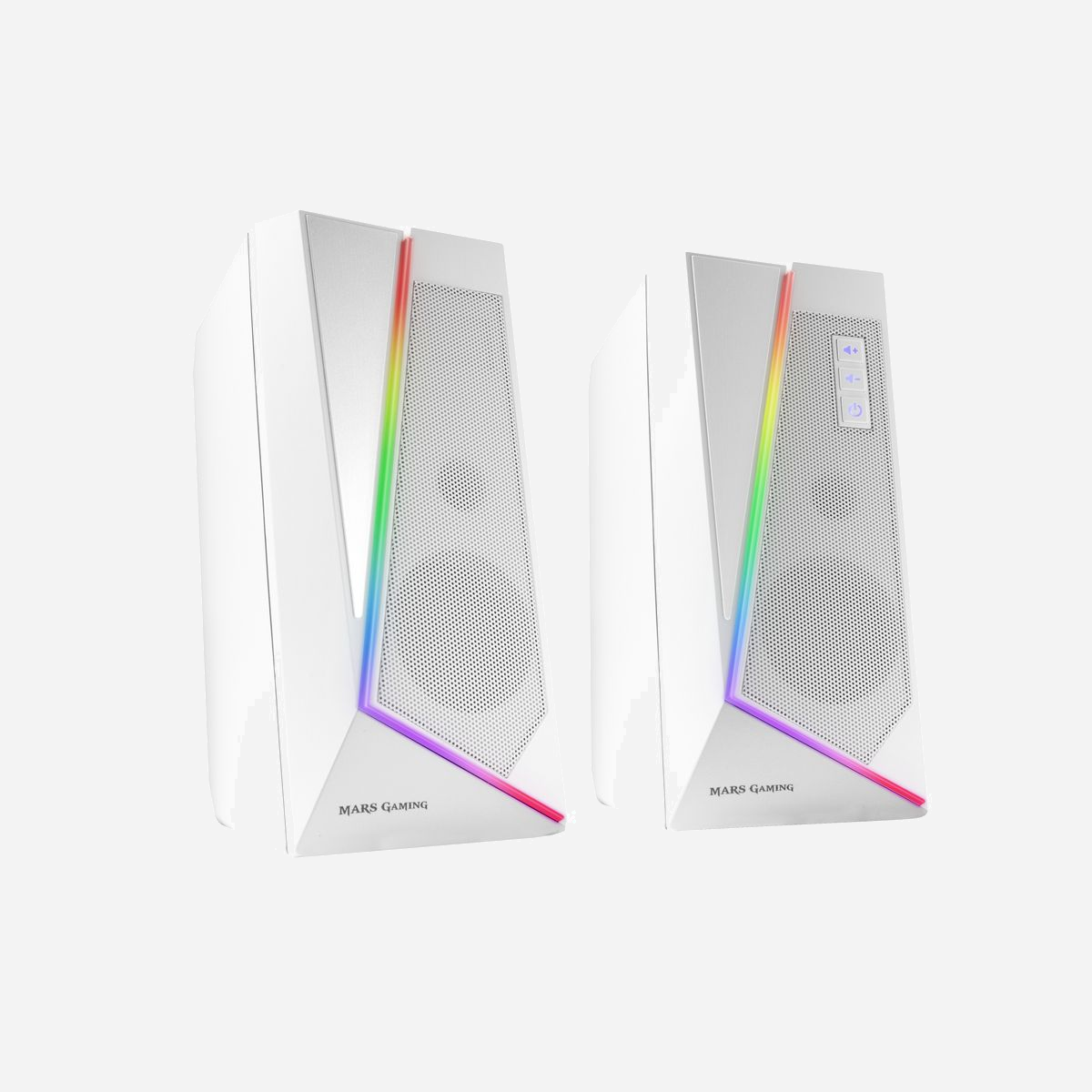 Mars Gaming MS7W Haut-parleurs 2.0 Blanc - 20W RMS, Bluetooth 5.0, DSP, Entrée AUX, RGB Dynamique, 40-20000Hz, Alimentation USB - Haut-parleurs impressionnants avec 20 W de puissance, processeur de son DSP avancé avec spatialité multi-niveaux et basses améliorées, système d'éclairage RVB dynamique spectaculaire et connectivité jack + Bluetooth 5.0 complète.<br><br><b>PUISSANCE 20 W</b><br>Profitez d'un volume illimité et d'une qualité sonore exceptionnelle lorsque vous jouez à des jeux, regardez des films, des séries ou écoutez de la musique. Et tout cela avec une alimentation USB pratique.<br><br><b>CHOISISSEZ VOTRE COULEUR : BLANC OU NOIR</b><br>Disponible en deux finitions, noir et blanc. Choisissez celui qui convient le mieux à votre configuration ! <br><br><b>ÉCLAIRAGE RVB</b><b>RVB DYNAMIQUE</b><br>Choisissez parmi 6 modes d'éclairage RVB dynamiques spectaculaires grâce à un système tactile sur le dessus. <br><br><b>PROCESSEUR DE SON DSP</b><br>Grâce à son processeur de son DSP numérique avancé, le MS7 reproduit le son avec une spatialité à plusieurs niveaux et des basses améliorées, vous plaçant au cœur de l'action et vous faisant en profiter comme jamais auparavant.<br><br><b>BLUETOOTH 5.0 + JACK</b><br>Polyvalence totale grâce à sa connexion jack auxiliaire et sa connexion sans fil Bluetooth 5.0 de dernière génération. Utilisez-les sans limites ni limitations, avec votre PC, console, télévision ou smartphone.