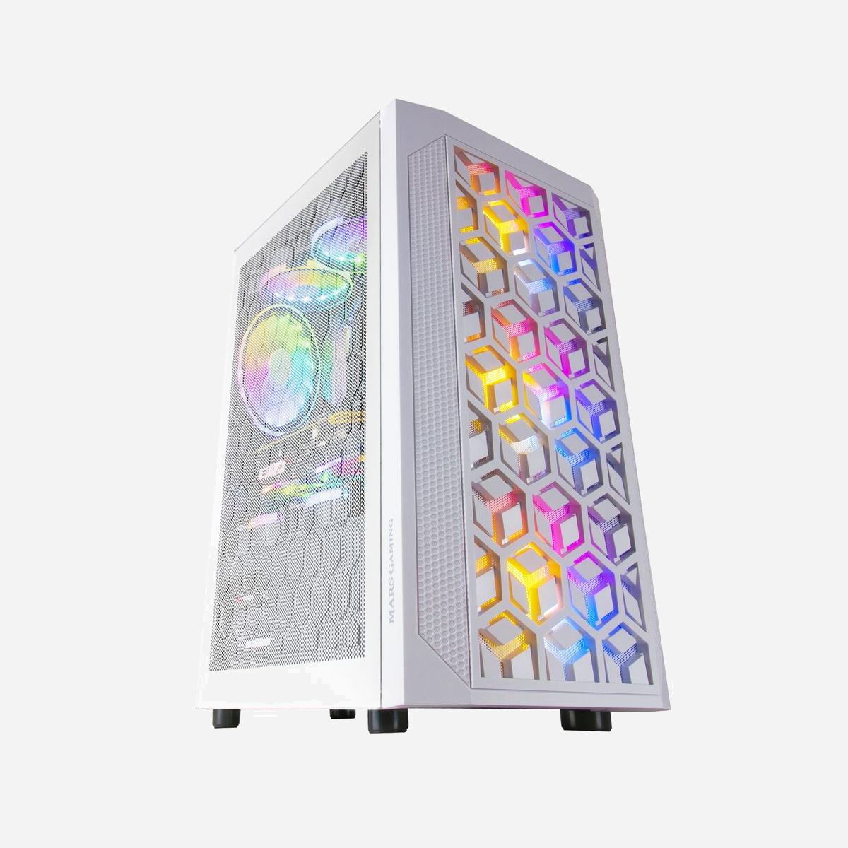 Mars Gaming MCMESHW Blanc : Boîtier PC MicroATX/Mini-ITX, Mesh 360°, 3x 120mm FRGB, USB 3.2 Gen 1, Refroidissement liquide 120/240mm, Filtres anti-poussière - Boîtier compact RÉVOLUTIONNAIRE avec le plus grand refroidissement possible grâce à sa technologie exclusive MESH 360º, avec maille métallique sur la majeure partie de sa surface et trois ventilateurs frontaux de 120 mm préinstallés pour un flux d'air inégalé. Conçu pour les tailles compactes MicroATX et Mini-ITX et avec prise en charge complète du refroidissement liquide.<br><br><b>TECHNOLOGIE EXCLUSIVE DE MAILLAGE À 360º</b><br>Laissez derrière vous une fois pour toutes tous vos problèmes de refroidissement de PC grâce à son système exclusif MESH 360º composé de mailles métalliques sur le devant, le dessus et les deux côtés. De plus, les panneaux latéraux vous permettent de mettre en valeur l'intérieur de votre PC de manière plus spectaculaire que les fenêtres traditionnelles.<br><br><b>Éclairage RVB fixe</b><b>DISPONIBLE EN 2 VERSIONS</b><br>Disponible en deux finitions, noir et blanc. Choisissez celui qui convient le mieux à votre configuration ! <br><br><b>PERFORMANCES OPTIMISÉES AU MAXIMUM</b><br>Les fonctionnalités MCMESH offrent les meilleures performances pour votre ordinateur, le rendant facile à nettoyer et maximisant le refroidissement. Il dispose de deux filtres à poussière amovibles, d'un système de gestion des câbles, de pieds en caoutchouc antidérapants, d'une double chambre d'alimentation et d'un support complet pour jusqu'à 8 ventilateurs.<br><br><b>3x ventilateurs FRGB 120 mm</b><br>Malgré sa taille compacte, il intègre 3 ventilateurs frontaux de 120 MM et un éclairage FRGB. Pour une évacuation complète de la chaleur interne et un effet lumineux spectaculaire.