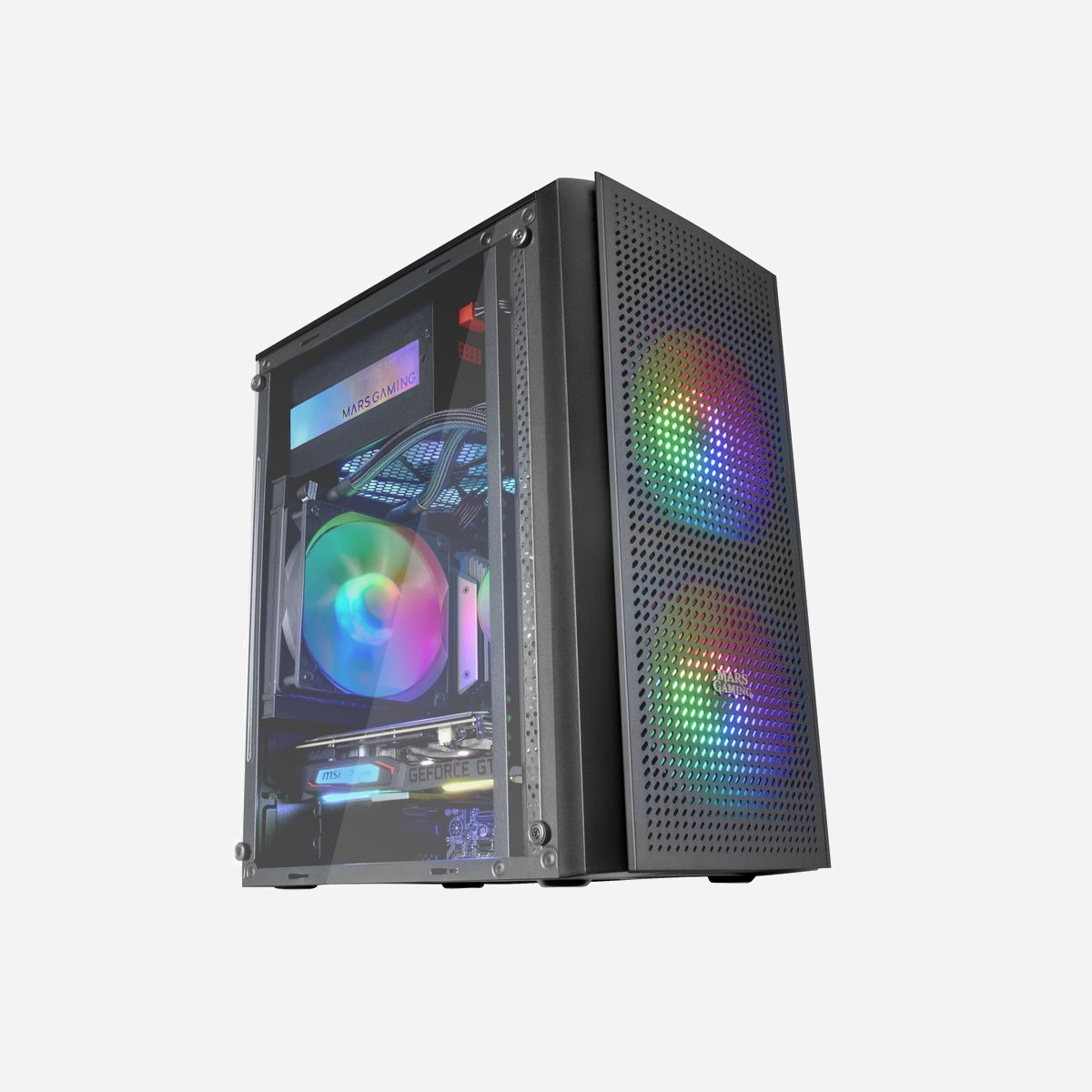 Boîtier PC Mini Tower Mars Gaming MC300 Noir Micro-ATX/Mini-ITX, 2x120mm avant, 1x120mm arrière, USB 3.2 Gen 1, Verre Trempé, 2x3.5", 4x2.5" - Boîtier compact avec triple ventilation intégrée pour configurations de jeu hautes performances aux formats Micro-ATX et Mini-ITX. Fenêtre latérale en verre trempé. Disponible en noir classique, blanc et ROSE exotique.<br><br><b>CONCEPTION DE JEU SPECTACULAIRE</b><br>Faites le grand saut vers le PC de vos rêves avec une esthétique soignée jusque dans les moindres détails : fenêtre latérale en verre trempé, 3x ventilateurs frontaux FRGB, grille avant TOTAL-MESH, commandes et connectiques sur le dessus... Le tout en 3 coloris au choix : Noir, Blanc ou Rose.<br><br><b>ÉCLAIRAGE FIXE RVB</b><b>DISPONIBLE EN 3 VERSIONS</b><br>Disponible en trois finitions, choisissez celle qui convient le mieux à votre configuration. <br><br><b>ÉCLAIRAGE DE JEU RVB AVANCÉ</b><br>La triple ventilation du MC300 est dotée d'un système d'éclairage RVB fixe qui fournit à votre configuration un flux constant de couleurs, élevant au maximum l'esthétique de votre équipement. La conception en mesh de la face avant améliore encore son apparence, combinant parfaitement refroidissement et éclairage.<br><br><b>CAPACITÉ DE REFROIDISSEMENT MAXIMALE</b><br>Un flux d'air constant est la clé pour prolonger la durée de vie de vos composants et maintenir votre système à des performances optimales. C'est pourquoi le MC300 dispose d'un triple système de ventilation avant/arrière et d'une calandre avant TOTAL-MESH. De plus, il offre un support pour le refroidissement liquide de 120 mm.<br><br><b>CAPACITÉ INTERNE MAXIMALE</b><br>Le MC300 offre un grand espace interne pour l'installation de composants hautes performances, offrant un support pour les cartes mères MicroATX et Mini-ITX, jusqu'à 4 SSD 2,5" et 2 disques durs 3,5", le tout avec une gestion interne efficace des câbles.