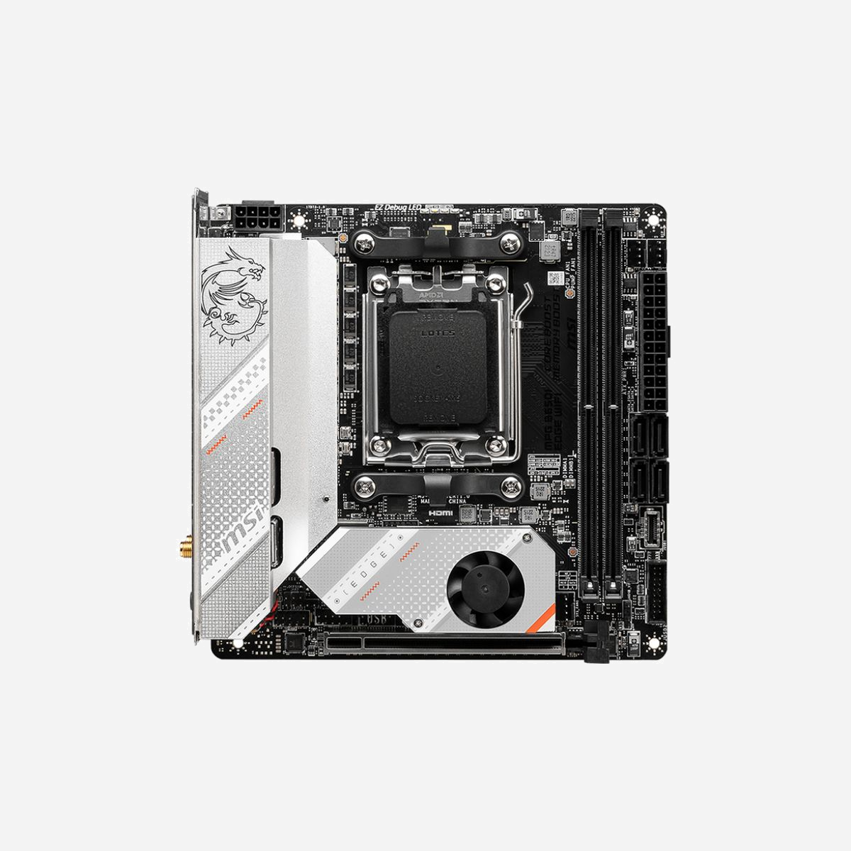 MSI MPG B650I EDGE WIFI - Carte mère mini-ITX AMD B650 Socket AM5 Ryzen 7000 - DDR5-SDRAM 64Go - M.2/SATA - Wi-Fi 6E - 2.5GbE - MSI MPG B650I EDGE WIFI. Fabricant de processeur: AMD, Socket de processeur (réceptable de processeur): Emplacement AM5, Processeurs compatibles: AMD Ryzen 7000 Series. Types de mémoire pris en charge: DDR5-SDRAM, Mémoire interne maximale: 64 Go, Сompatibilité ECC: Non-ECC. Interfaces de lecteur de stockage prises en charge: M.2, SATA, Niveaux RAID: 0, 1, 10. Type d'interface Ethernet: 2.5 Gigabit Ethernet, Contrôleur de réseau local (LAN): Realtek RTL8125B, Norme Wi-Fi: Wi-Fi 6E (802.11ax). composant pour: PC, Elément de forme de carte mère: mini ATX, famille de composant de produits: AMD