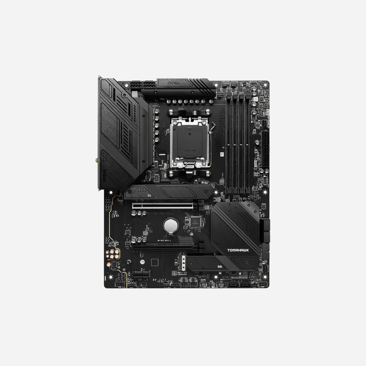 MSI MAG B650 Tomahawk WIFI : Carte mère AMD B650 Socket AM5, DDR5, 128Go max, 3xM.2, SATA, Wi-Fi 6E, 2.5GbE, ATX - MSI MAG B650 Tomahawk WIFI. Fabricant de processeur: AMD, Socket de processeur (réceptable de processeur): Emplacement AM5, Processeurs compatibles: AMD Ryzen 7000 Series. Types de mémoire pris en charge: DDR5-SDRAM, Mémoire interne maximale: 128 Go, Сompatibilité ECC: Non-ECC. Interfaces de lecteur de stockage prises en charge: M.2, SATA, Niveaux RAID: 0, 1, 10. Type d'interface Ethernet: 2.5 Gigabit Ethernet, Contrôleur de réseau local (LAN): Realtek RTL8125B, Norme Wi-Fi: Wi-Fi 6E (802.11ax). composant pour: PC, Elément de forme de carte mère: ATX, famille de composant de produits: AMD