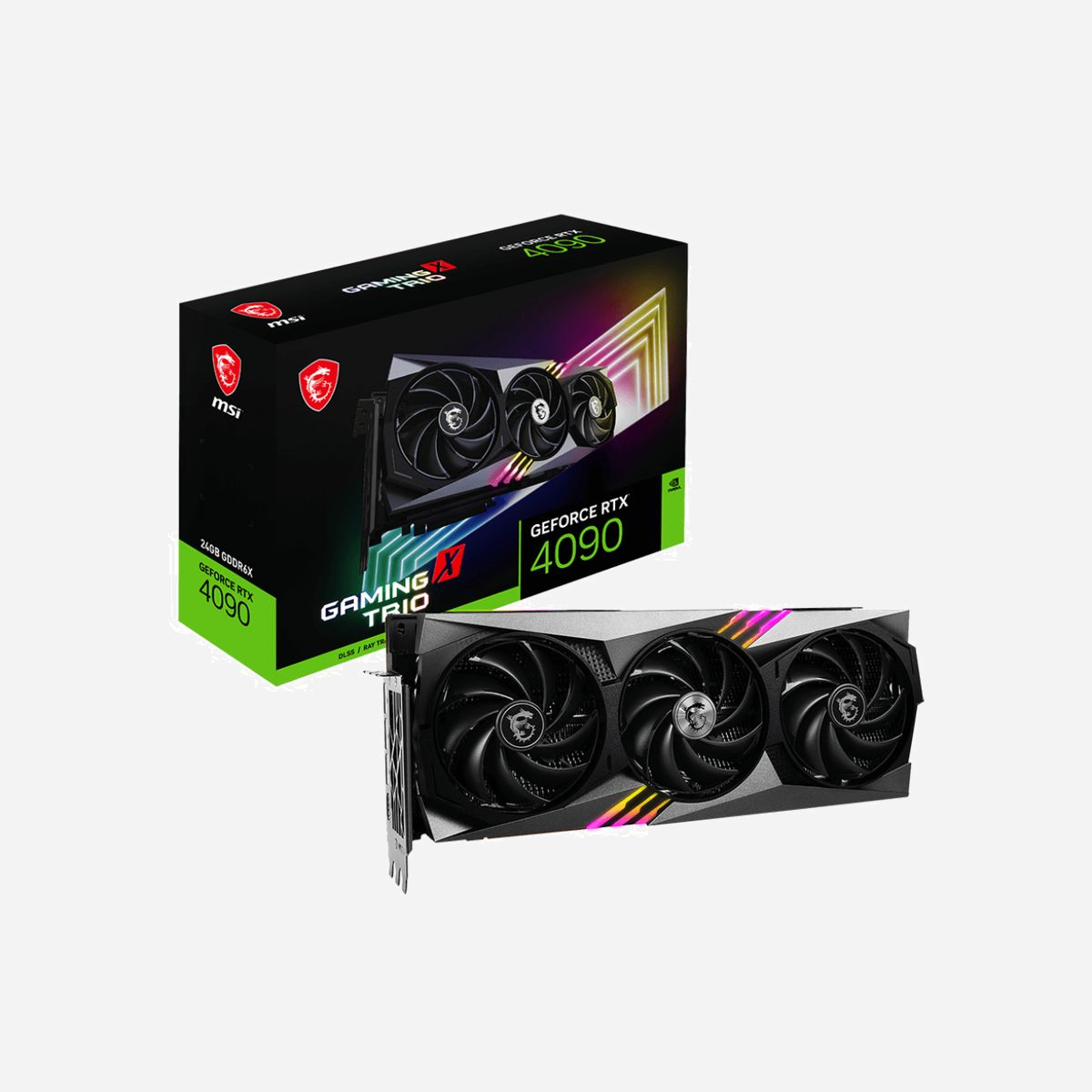 MSI GeForce RTX 4090 GAMING X TRIO 24G, 24 Go GDDR6X, PCIe 4.0, 3x DisplayPort 1.4a, HDMI 2.1a, Refroidissement Actif TORX FAN 5.0 - MSI GAMING GeForce RTX 4090 X TRIO 24G. Processeur graphique famille: NVIDIA, Processeur graphique: GeForce RTX 4090. Mémoire carte graphique distincte: 24 Go, Type de mémoire de l'adaptateur graphique: GDDR6X, Mémoire Bus: 384 bit. Résolution maximale: 7680 x 4320 pixels. Version DirectX: 12.0, Version OpenGL: 4.6. Type d'interface: PCI Express 4.0. Type de refroidissement: Actif, Nombre de ventilateurs: 3 ventilateur(s)