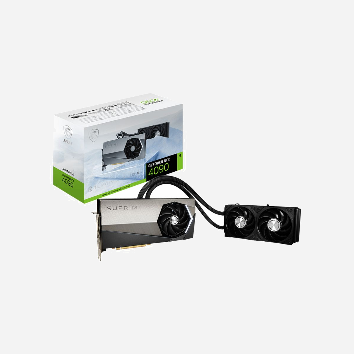 MSI GeForce RTX 4090 SUPRIM LIQUID X 24G, GDDR6X 24 Go, PCI Express 4.0, Watercooling, HDMI 2.1a, DisplayPort 1.4a - MSI SUPRIM GeForce RTX 4090 LIQUID X 24G. Processeur graphique famille: NVIDIA, Processeur graphique: GeForce RTX 4090. Mémoire carte graphique distincte: 24 Go, Type de mémoire de l'adaptateur graphique: GDDR6X, Mémoire Bus: 384 bit, Fréquence de la mémoire: 2100 MHz. Résolution maximale: 7680 x 4320 pixels. Version DirectX: 12.0, Version OpenGL: 4.6. Type d'interface: PCI Express 4.0. Type de refroidissement: Actif, Nombre de ventilateurs: 3 ventilateur(s)