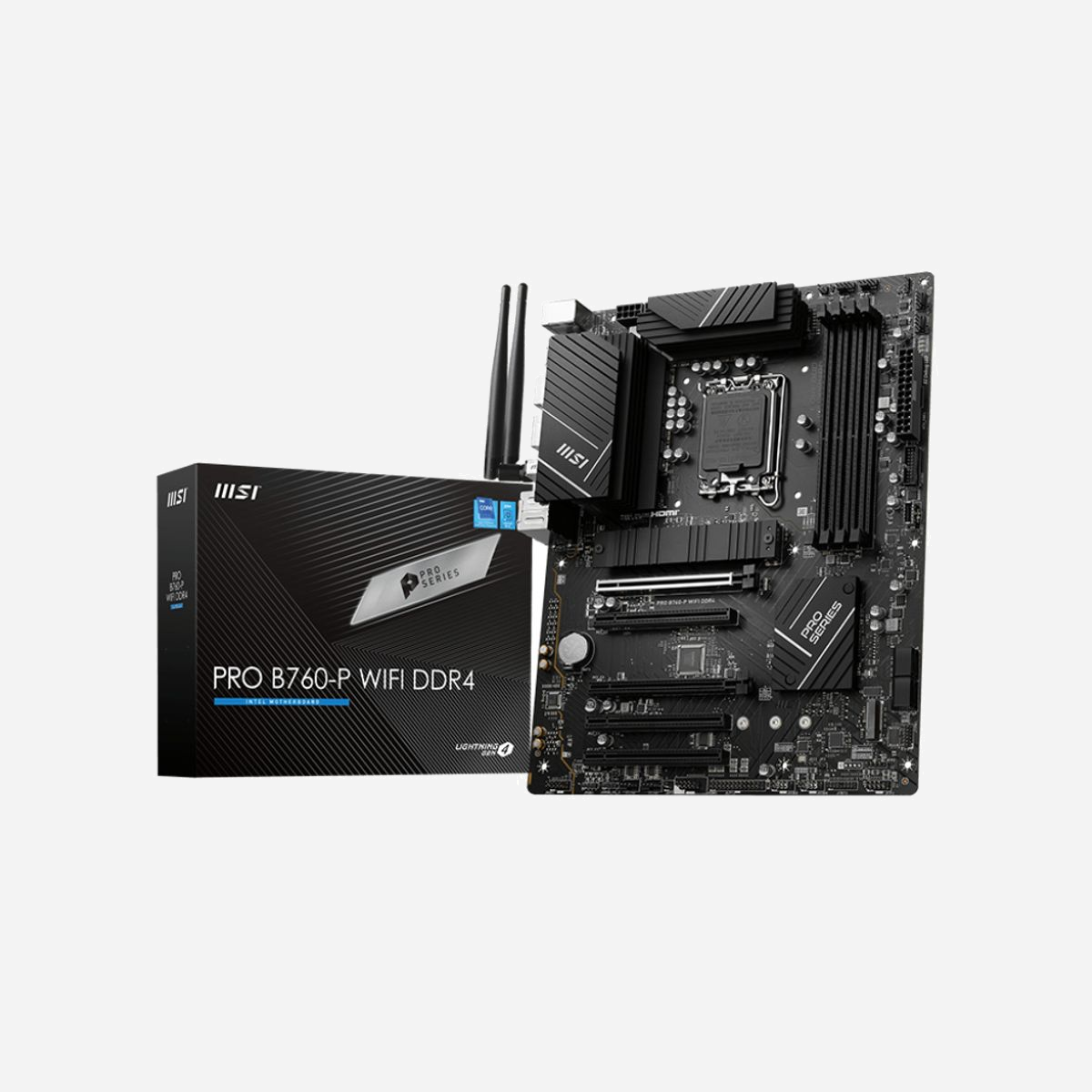 Carte mère MSI PRO B760-P WIFI DDR4, Socket LGA 1700, Chipset Intel B760, 4x DDR4 DIMM jusqu'à 128GB 5333MHz(OC), 2x M.2, SATA III, 2.5GbE LAN, WiFi, BT, ATX - MSI PRO B760-P WIFI DDR4. Fabricant de processeur: Intel, Socket de processeur (réceptable de processeur): LGA 1700, Processeurs compatibles: Intel® Celeron®, Intel® Pentium® Gold. Types de mémoire pris en charge: DDR4-SDRAM, Mémoire interne maximale: 128 Go, Type de support (slot): DIMM. Interfaces de lecteur de stockage prises en charge: M.2, SATA III, Niveaux RAID: 0, 1, 5, 10. Type d'interface Ethernet: 2.5 Gigabit Ethernet. composant pour: PC, Elément de forme de carte mère: ATX, famille de composant de produits: Intel