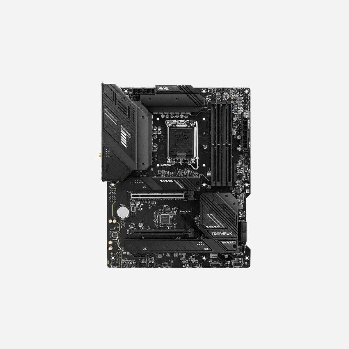 MSI MAG B760 TOMAHAWK WIFI - Carte mère ATX - Socket LGA 1700 - DDR5-SDRAM 128Go max - M.2/SATA III - 2.5GbE - Wi-Fi 6E - Intel - MAG-B760-TOMAHAWK-WIFI - MSI MAG B760 TOMAHAWK WIFI. Fabricant de processeur: Intel, Socket de processeur (réceptable de processeur): LGA 1700, Processeurs compatibles: Intel® Celeron®, Intel® Pentium® Gold. Types de mémoire pris en charge: DDR5-SDRAM, Mémoire interne maximale: 128 Go, Type de support (slot): DIMM. Interfaces de lecteur de stockage prises en charge: M.2, SATA III, Niveaux RAID: 0, 1, 5, 10. Type d'interface Ethernet: 2.5 Gigabit Ethernet, Norme Wi-Fi: Wi-Fi 6E (802.11ax), Standards wifi: 802.11a, 802.11b, 802.11g, Wi-Fi 4 (802.11n), Wi-Fi 5 (802.11ac), Wi-Fi 6 (802.11ax), Wi-Fi 6E.... composant pour: PC, Elément de forme de carte mère: ATX, famille de composant de produits: Intel