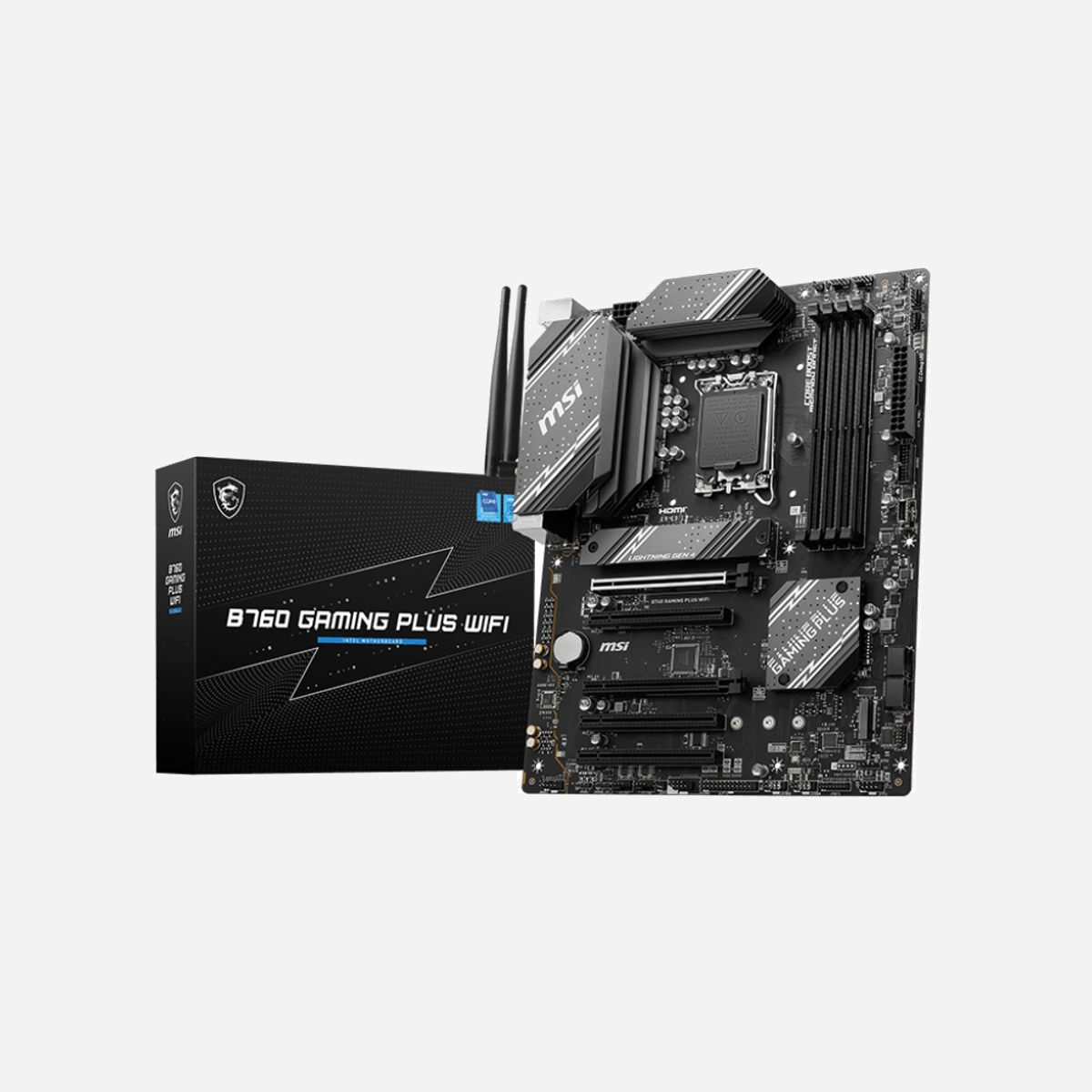 MSI B760 GAMING PLUS WIFI - Carte mère ATX - Intel B760 - Socket LGA 1700 - DDR5 - Wi-Fi 6E - 2.5GbE - M.2 - USB 3.2 Gen 2 - Realtek ALC897 - MSI B760 GAMING PLUS WIFI. Fabricant de processeur: Intel, Socket de processeur (réceptable de processeur): LGA 1700, Processeurs compatibles: Intel® Celeron®, Intel® Pentium® Gold. Types de mémoire pris en charge: DDR5-SDRAM, Mémoire interne maximale: 192 Go, Type de support (slot): DIMM. Interfaces de lecteur de stockage prises en charge: M.2, SATA, Niveaux RAID: 0, 1, 5, 10. Type d'interface Ethernet: 2.5 Gigabit Ethernet, Contrôleur de réseau local (LAN): Dragon RTL8125BG, Norme Wi-Fi: Wi-Fi 6E (802.11ax). composant pour: PC, Elément de forme de carte mère: ATX, famille de composant de produits: Intel