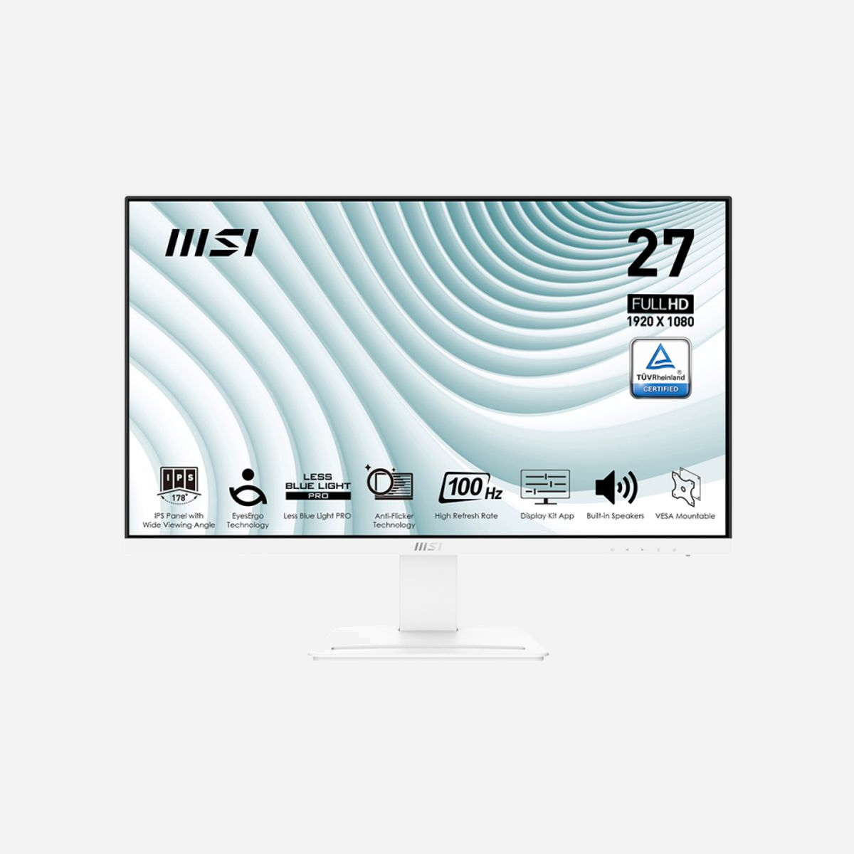 MSI Pro MP273AWDE - Écran LCD 27" Full HD (1920x1080) IPS, 4ms GTG/1ms MPRT, 100Hz, FreeSync, HDMI 1.4b, DisplayPort 1.2a, Blanc - MSI Pro MP273AWDE. Taille de l'écran: 68,6 cm (27"), Résolution de l'écran: 1920 x 1080 pixels, Type HD: Full HD, Technologie d'affichage: LCD, Temps de réponse: 4 ms, Format d'image: 16:9, Angle de vision horizontal: 178°, Angle de vision vertical: 178°. Haut-parleurs intégrés. Montage VESA, Réglage de la hauteur. Couleur du produit: Blanc