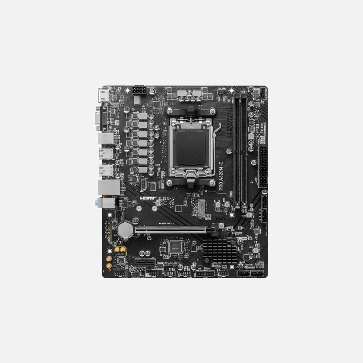 MSI PRO A620M-E : Carte mère AMD A620 micro ATX Socket AM5, DDR5-SDRAM 96Go max, M.2 PCIe 4.0, RAID 0/1/10, Realtek ALC897, Gigabit Ethernet - MSI PRO A620M-E. Fabricant de processeur: AMD, Socket de processeur (réceptable de processeur): Emplacement AM5, Processeurs compatibles: AMD Ryzen™ 7. Types de mémoire pris en charge: DDR5-SDRAM, Mémoire interne maximale: 96 Go, Type de support (slot): DIMM. Interfaces de lecteur de stockage prises en charge: M.2, PCI Express, SATA, Types de lecteurs de stockage pris en charge: HDD & SSD, Niveaux RAID: 0, 1, 10. Résolution maximale: 3840 x 2160 pixels. Connecteur USB: USB Type-A