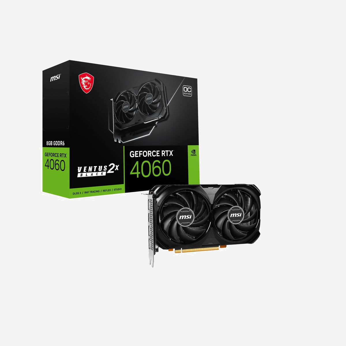 MSI GeForce RTX 4060 VENTUS 2X BLACK 8G OC, 8 Go GDDR6, PCIe 4.0, 2490MHz, 3072 Cœurs CUDA, HDMI 2.1a/DisplayPort 1.4a, Refroidissement 2 Ventilateurs - MSI VENTUS GEFORCE RTX 4060 2X BLACK 8G OC. Processeur graphique famille: NVIDIA, Processeur graphique: GeForce RTX 4060. Mémoire carte graphique distincte: 8 Go, Type de mémoire de l'adaptateur graphique: GDDR6, Mémoire Bus: 128 bit. Résolution maximale: 7680 x 4320 pixels. Version DirectX: 12 Ultimate, Version OpenGL: 4.6. Type d'interface: PCI Express 4.0. Type de refroidissement: Actif, Nombre de ventilateurs: 2 ventilateur(s)