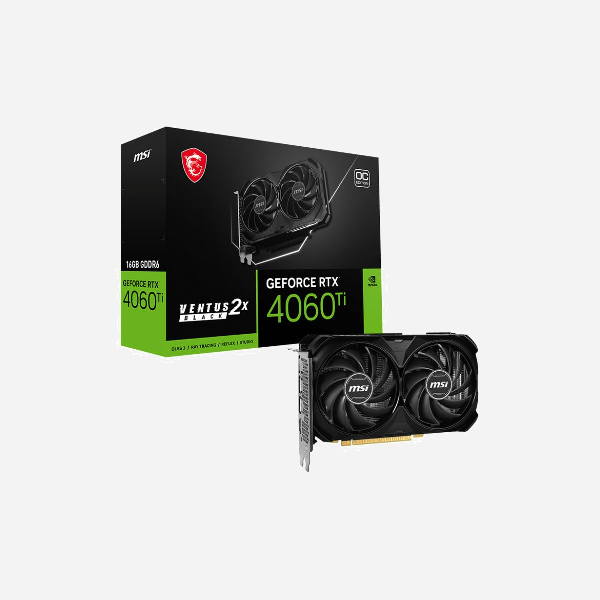MSI GeForce RTX 4060 Ti VENTUS 2X BLACK 16G OC, 16 Go GDDR6, PCIe 4.0, 2610 MHz, 4352 Cuda Cores, HDMI 2.1a, DisplayPort 1.4a - MSI VENTUS GEFORCE RTX 4060 TI 2X BLACK 16G OC. Processeur graphique famille: NVIDIA, Processeur graphique: GeForce RTX 4060 Ti. Mémoire carte graphique distincte: 16 Go, Type de mémoire de l'adaptateur graphique: GDDR6, Mémoire Bus: 128 bit. Résolution maximale: 7680 x 4320 pixels. Version DirectX: 12 Ultimate, Version OpenGL: 4.6. Type d'interface: PCI Express 4.0. Type de refroidissement: Actif, Nombre de ventilateurs: 2 ventilateur(s)