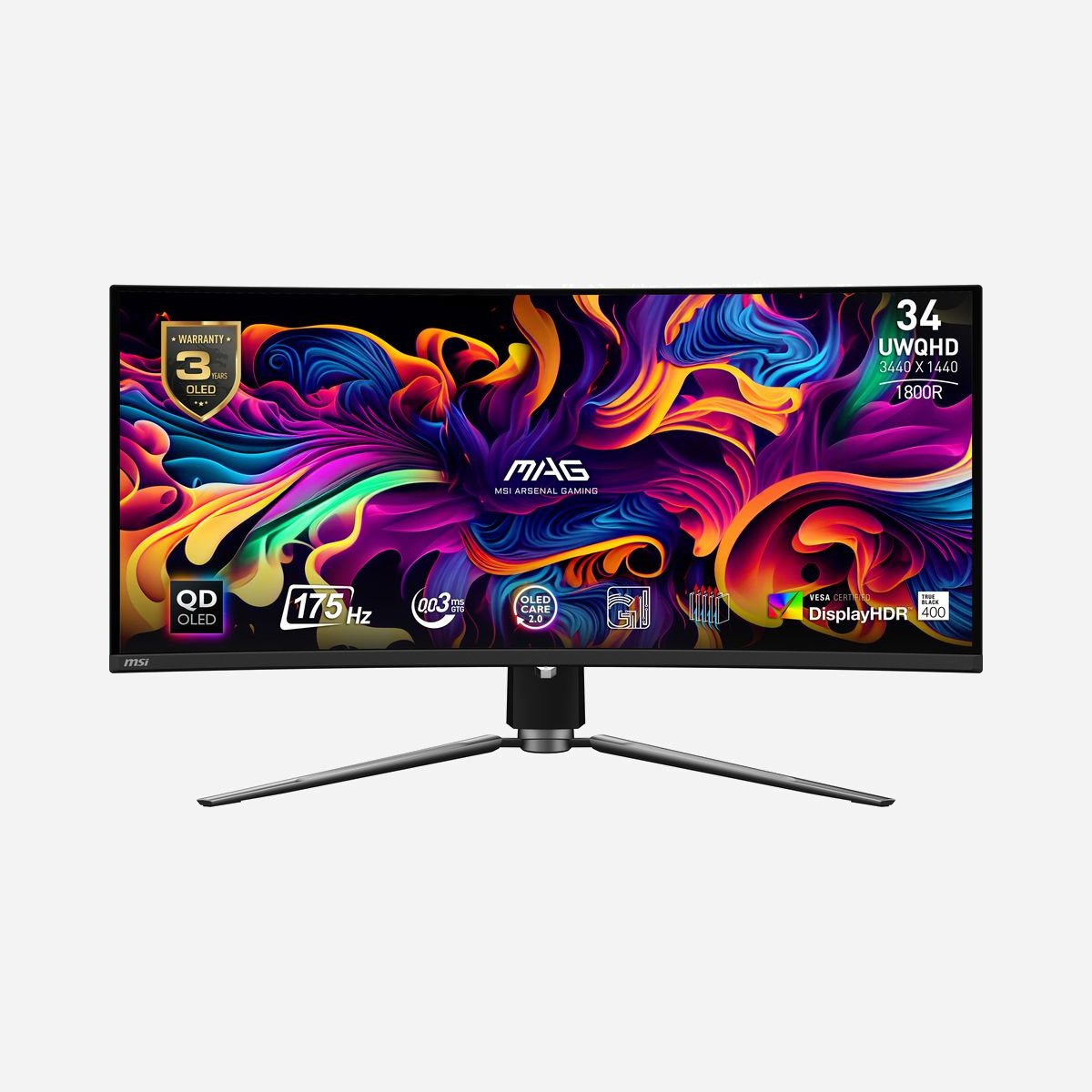 MSI MAG 341CQP QD-OLED - Écran PC Plat 34" UWQHD (3440x1440) 175Hz 0.03ms GTG, DisplayHDR True Black 400, HDMI 2.1, FreeSync Compatible - Vivez intensément votre victoire avec l'écran incurvé MAG 341CQP QD-OLED ! Il arbore une dalle incurvée 1800R QD-OLED nouvelle génération à résolution 3440 x 1440 (UWQHD), taux de rafraîchissement de 175 Hz et temps de réponse gris à gris de 0,03 ms. Pour vous offrir des images impressionnantes de réalisme et pour éviter les flous de mouvement, il dispose des normes ClearMR 9000 et DisplayHDR True Black 400 de l'organisme VESA. Les fonctionnalités OLED Care 2.0 aident à réduire les risques de brûlures de la dalle. Et pour les amateurs de jeux sur console, le MAG 341CQP QD-OLED propose des ports HDMI™ 2.1 avec bande passante de 48 Gb/s, support d'une fréquence de 120 Hz et fonctions VRR et ALLM.<br><br>La série MSI ARSENAL GAMING (MAG) est pensée pour donner tout l'avantage nécessaire aux gamers pour dominer toutes leurs batailles virtuelles. Inspirée par la robustesse brute et l'efficacité des armes de combat militaires, la série MAG est une alliée indéfectible dans tous les scénarios gaming.<br><br>Cependant, la série MAG n'est pas seulement pensée pour les performances. Son design est lui aussi pensé pour exprimer l'aspect robuste du monde militaire. La série MAG est là pour les joueurs déterminés à dominer tous leurs adversaires, en leur offrant la meilleure des défenses.<br><br><b>TECHNOLOGIE INNOVANTE</b><br>Une couche émissive de lumière bleue fonctionne de concert avec une innovante couche Quantum dot (points quantiques) afin d'assurer une excellente reproduction des couleurs ainsi que des teintes de noir plus profondes et précises.<br><br>Le temps de réponse descend jusqu'à 0,03 ms et vous garantit une expérience gaming incroyable. Avec cet écran QD-OLED, préparez-vous à redécouvrir le plaisir de jouer !<br><br><b>OLED CARE 2.0</b><br>Chez MSI, nous comprenons vos attentes et vos préoccupations et c'est pour cela que nous vous proposons MSI OLED Care. Cet outil offre trois mécanismes visant à optimiser la protection des dalles OLED. Ces trois mécanismes sont le décalage de pixels (pixel shift), la protection de la dalle (Panel Protect) et la détection d'image statique (static screen detection). La version 2.0 d'OLED Care propose des solutions avancées pour une meilleure protection et une plus grande réduction des problèmes de brûlures.<br><br><b>INTERFACE UTILISATEUR INTUITIVE</b><br>Afin d'offrir une expérience centrée sur l'utilisateur et un confort parfait, le bouton de navigation à 5 directions de l'écran MAG 341CQP QD-OLED a été repositionné sur la partie basse centrale de l'arrière de l'écran.<br><br><b>GARANTIE OLED 3 ANS</b><br>MSI reconnaît l'importance de fournir un support prolongé, permettant à ses utilisateurs de profiter de leur expérience gaming en toute sérénité. Nous offrons pour cela une garantie de 3 ans sur nos dalles OLED, allant au-delà de la couverture standard, en incluant des protections contre le problème de brûlure des dalles OLED.