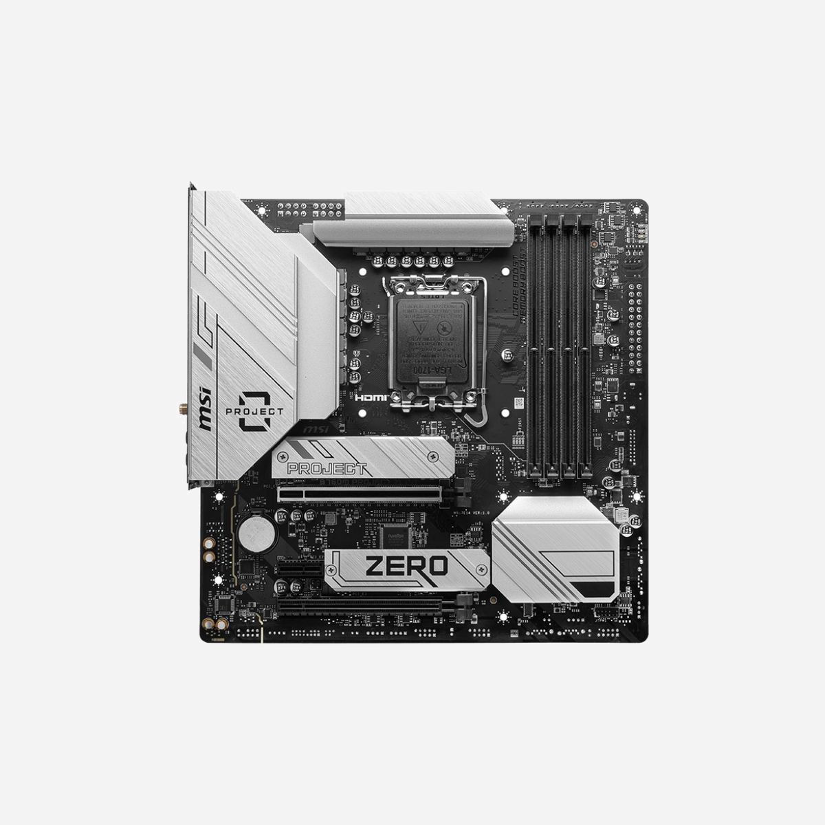 Carte mère MSI B760M Project Zero - Intel B760 LGA 1700 micro ATX - DDR5-SDRAM 256Go max - SATA III - RAID 0/1/5/10 - Gigabit Ethernet - MSI B760M Ptoject Zero. Fabricant de processeur: Intel, Socket de processeur (réceptable de processeur): LGA 1700, Processeurs compatibles: Intel® Celeron®, Intel® Pentium® Gold. Types de mémoire pris en charge: DDR5-SDRAM, Mémoire interne maximale: 256 Go, Сompatibilité ECC: Non-ECC. Interfaces de lecteur de stockage prises en charge: SATA III, Types de lecteurs de stockage pris en charge: HDD & SSD, Niveaux RAID: 0, 1, 5, 10. Type d'interface Ethernet: Gigabit Ethernet, Contrôleur de réseau local (LAN): Realtek RTL8111H. composant pour: PC, Elément de forme de carte mère: micro ATX, famille de composant de produits: Intel