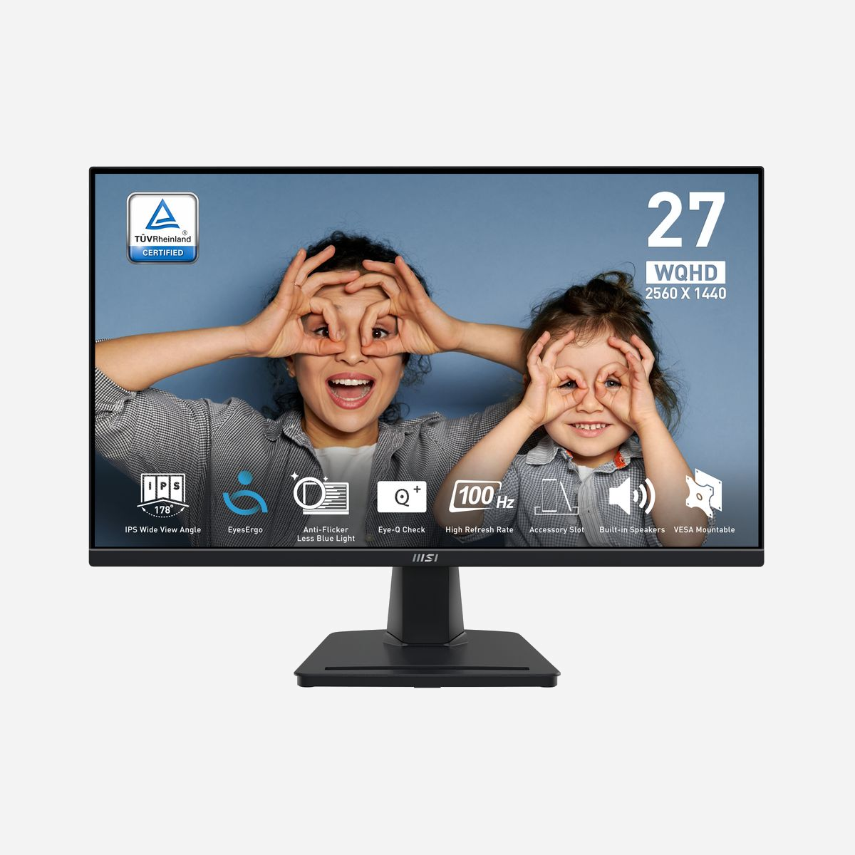 MSI PRO MP275Q - Écran 27" WQHD (2560x1440) IPS, 100Hz, 4ms, 300cd/m², HDMI 2.0b, DisplayPort 1.2a, Haut-parleurs, Noir - <b>ÉCRAN PROFESSIONNEL 27'' AVEC TAUX DE RAFRAÎCHISSEMENT 100 HZ ET TECHNOLOGIE EYESERGO</b><br>Profitez d'une expérience de travail plus efficace et confortable avec l'écran 27'' PRO MP275Q équipé de la technologie EyesErgo et d'un taux de rafraîchissement de 100 Hz. La technologie EyesErgo se charge en effet de prendre soin de vos yeux lors des sessions de travail prolongées, pour vous éviter de souffrir de fatigue oculaire. De son côté, le taux de rafraîchissement de 100 Hz vous assure des images d'une fluidité parfaite, sans saccades.<br><br><b>DALLE 27” WQHD</b><br>Profitez d'une expérience visuelle optimale et d'un format idéal pour le travail multitâche grâce à la dalle de 27''.<br><br><b>DALLE IPS AVEC ANGLE DE VISION DE 178°</b><br>Avec la dalle IPS, vous profitez d'images et de couleurs précises depuis tous les angles de vue.<br><br><b>PRODUCTIVITÉ ET CONNECTIQUE</b><br>De nombreuses fonctionnalités intuitives se chargent d'améliorer votre productivité.<br><br><b>RÉSOLUTION WQHD POUR EN PRENDRE PLEIN LES YEUX</b><br>La résolution 2560 x 1440 (WQHD) améliore votre expérience en affichant une image plus large mais également en offrant une meilleure lisibilité et des effets 3D plus réalistes.<br><br><b>EYESERGO, UNE PROTECTION POUR LA SANTÉ DE VOS YEUX</b><br>La technologie EyesErgo repose sur plusieurs fonctionnalités et sur un design ergonomique pensés pour améliorer votre bien-être et votre confort au travail.<br><br><b>TAUX DE RAFRAÎCHISSEMENT DE 100 HZ ET</b><br><b>TEMPS DE RÉPONSE MPRT DE 1 MS</b><br>Avec le taux de rafraîchissement, vous ne subirez plus de problèmes de saccades pendant vos visioconférences ou lorsque vous regarderez une vidéo. Des études menées par la société VESA montrent que 95 % des utilisateurs pensent que le taux de rafraîchissement est de facto devenu le taux standard pour profiter d'images sans scintillements.<br><br><b>DESIGN ERGONOMIQUE</b><br>Le design ergonomique offert par cet écran vise à optimiser votre expérience, votre confort et également votre sécurité en réduisant l'inconfort et les risques pour votre santé.<br><br><b>DALLE IPS 27'' AVEC ANGLE DE VISION DE 178°</b><br><b>PARTAGEZ FACILEMENT VOTRE TRAVAIL</b><br>La dalle IPS à angle de vision de 178° vous permet de profiter d'un affichage plus large et de couleurs plus précises, même lorsque vous êtes excentré de l'écran.<br><br><b>PRODUCTIVITÉ ET CONNECTIQUE</b><br><b>UN ÉCRAN QUI BOOSTE VOTRE PRODUCTIVITÉ</b><br>Grâce à plusieurs éléments pratiques tels que la norme de fixation VESA, les haut-parleurs intégrés, le pied de support avec fente pour accessoires et la connectique complète, les écrans de la série PRO MP275 s'avèrent être des assistants aux petits soins pour améliorer votre productivité.<br><br><b>LOGICIEL EXCLUSIF DISPLAY KIT</b><br>Ce logiciel MSI propriétaire est un outil pratique et intelligent pour paramétrer au mieux l'affichage de votre écran. Il vous permet par exemple de régler les couleurs et la disposition de l'écran.<br><br><b>PRODUIT RESPECTUEUX DE L'ENVIRONNEMENT</b><br><b>MODE ÉCONOMIE D'ÉNERGIE</b><br>Il est de notre responsabilité de promouvoir le développement durable et c'est avec grande fierté que nous vous proposons des produits respectueux de l'environnement pour contribuer à un avenir plus vert.