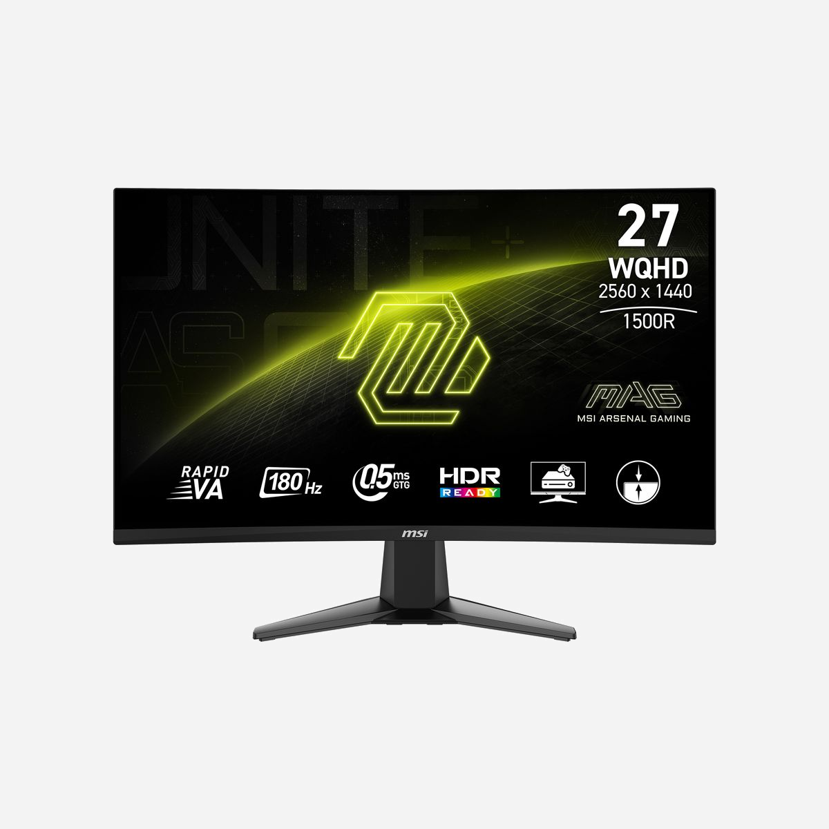 MSI MAG-27CQ6F : Écran LCD 27" Quad HD (2560x1440) VA 180Hz 0.5ms Adaptive-Sync HDMI 2.0b/DisplayPort 1.4, dalle incurvée 1500R, 80% Adobe RGB - Vivez intensément votre victoire avec l'écran gaming MAG 27CQ6F ! Avec un taux de rafraîchissement de 180 Hz et un temps de réponse de 0,5 ms (gris à gris), l'écran MAG 27CQ6F sera votre meilleur allié pour prendre l'avantage sur vos adversaires. Sa résolution WQHD (2560x1440) vous assurera des images envoûtantes. Profitez d'un gameplay fluide et sans ralentissements grâce à la technologie Adaptive-Sync lorsque vous utilisez un ordinateur équipé d'une carte graphique compatible.<br><br>La série MSI ARSENAL GAMING (MAG) est pensée pour donner tout l'avantage nécessaire aux gamers pour dominer toutes leurs batailles virtuelles. Inspirée par la robustesse brute et l'efficacité des armes de combat militaires, la série MAG est une alliée indéfectible dans tous les scénarios gaming.<br><br>Cependant, la série MAG n'est pas seulement pensée pour les performances. Son design est lui aussi pensé pour exprimer l'aspect robuste du monde militaire. La série MAG est là pour les joueurs déterminés à dominer tous leurs adversaires, en leur offrant la meilleure des défenses.