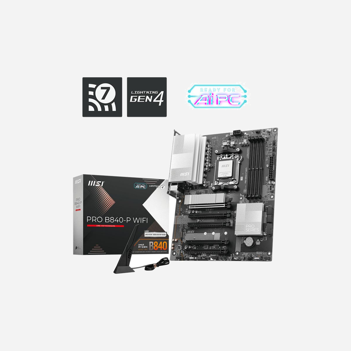 MSI PRO B840-P WIFI : Carte mère ATX AMD B840 Socket AM5, DDR5-SDRAM 256Go, M.2/Micro SATA III, Wi-Fi 7, 2.5GbE, Realtek ALC897, Windows 11 x64 - MSI PRO B840-P WIFI. Fabricant de processeur: AMD, Socket de processeur (réceptable de processeur): Emplacement AM5, Processeurs compatibles: AMD Ryzen 7000 Series, AMD Ryzen 8000 Series, AMD Ryzen 9000 Series. Types de mémoire pris en charge: DDR5-SDRAM, Mémoire interne maximale: 256 Go, Type de support (slot): DIMM. Interfaces de lecteur de stockage prises en charge: M.2, Micro SATA III, Types de lecteurs de stockage pris en charge: HDD & SSD, Niveaux RAID: 0, 1, 10. Type d'interface Ethernet: 2.5 Gigabit Ethernet, Norme Wi-Fi: Wi-Fi 7 (802.11be), Standards wifi: 802.11a, 802.11b, 802.11g, Wi-Fi 4 (802.11n), Wi-Fi 5 (802.11ac), Wi-Fi 6 (802.11ax), Wi-Fi 6E.... composant pour: PC, Elément de forme de carte mère: ATX, famille de composant de produits: AMD