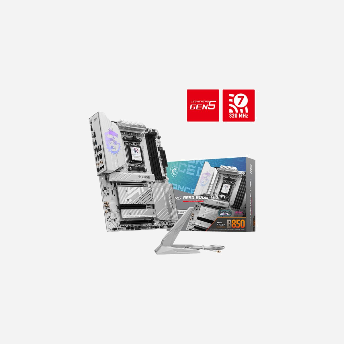 MSI MPG B850 EDGE TI WIFI - Carte Mère ATX AMD B850 Socket AM5 DDR5 256GB - 4x M.2 PCIe Gen5/Gen4 - Wi-Fi 7 - 2.5GbE Ethernet - Realtek ALC4080 - MSI MPG B850 EDGE TI WIFI. Fabricant de processeur: AMD, Socket de processeur (réceptable de processeur): Emplacement AM5, Processeurs compatibles: AMD Ryzen 7000 Series, AMD Ryzen 8000 Series, AMD Ryzen 9000 Series. Types de mémoire pris en charge: DDR5-SDRAM, Mémoire interne maximale: 256 Go, Type de support (slot): DIMM. Interfaces de lecteur de stockage prises en charge: M.2, Micro SATA III, Types de lecteurs de stockage pris en charge: HDD & SSD, Niveaux RAID: 0, 1, 10. Type d'interface Ethernet: 2.5 Gigabit Ethernet, Norme Wi-Fi: Wi-Fi 7 (802.11be), Standards wifi: 802.11a, 802.11b, 802.11g, Wi-Fi 4 (802.11n), Wi-Fi 5 (802.11ac), Wi-Fi 6 (802.11ax), Wi-Fi 6E.... composant pour: PC, Elément de forme de carte mère: ATX, famille de composant de produits: AMD