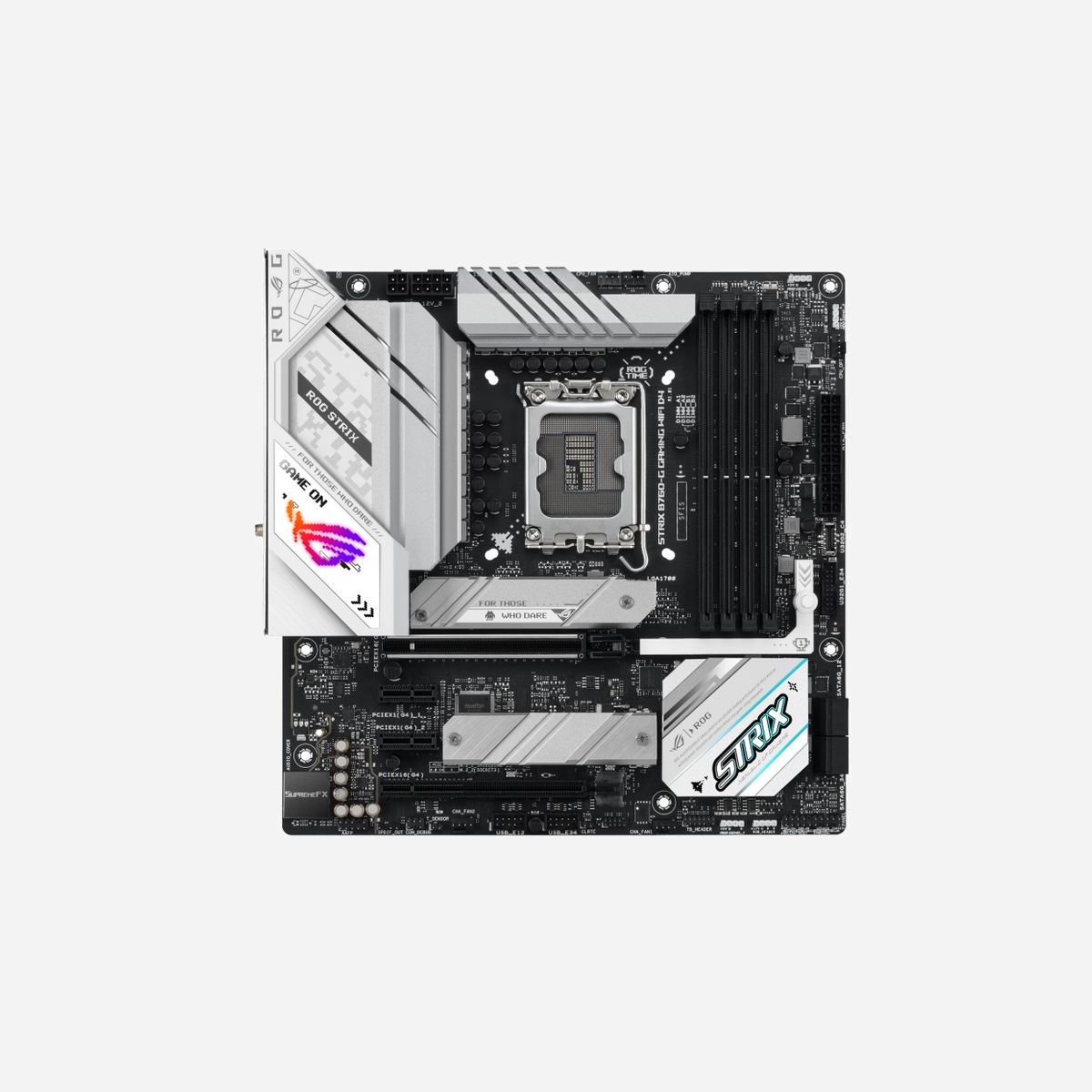 ASUS ROG STRIX B760-G GAMING WIFI D4 : Carte mère micro ATX Intel B760, Socket LGA 1700, DDR4 128GB max, M.2/SATA III, Wi-Fi 6E, 2.5GbE - ASUS ROG STRIX B760-G GAMING WIFI D4. Fabricant de processeur: Intel, Socket de processeur (réceptable de processeur): LGA 1700, Processeurs compatibles: Intel® Celeron®, Intel® Core™ i3, Intel® Core™ i5, Intel® Core™ i7, Intel® Core™ i9. Types de mémoire pris en charge: DDR4-SDRAM, Mémoire interne maximale: 128 Go, Type de support (slot): DIMM. Interfaces de lecteur de stockage prises en charge: M.2, SATA III, Types de lecteurs de stockage pris en charge: HDD & SSD, Niveaux RAID: 0, 1, 5, 10. Type d'interface Ethernet: 2.5 Gigabit Ethernet, Norme Wi-Fi: Wi-Fi 6E (802.11ax), Standards wifi: 802.11a, 802.11b, 802.11g, Wi-Fi 4 (802.11n), Wi-Fi 5 (802.11ac), Wi-Fi 6 (802.11ax), Wi-Fi 6E.... composant pour: PC, Elément de forme de carte mère: micro ATX, famille de composant de produits: Intel