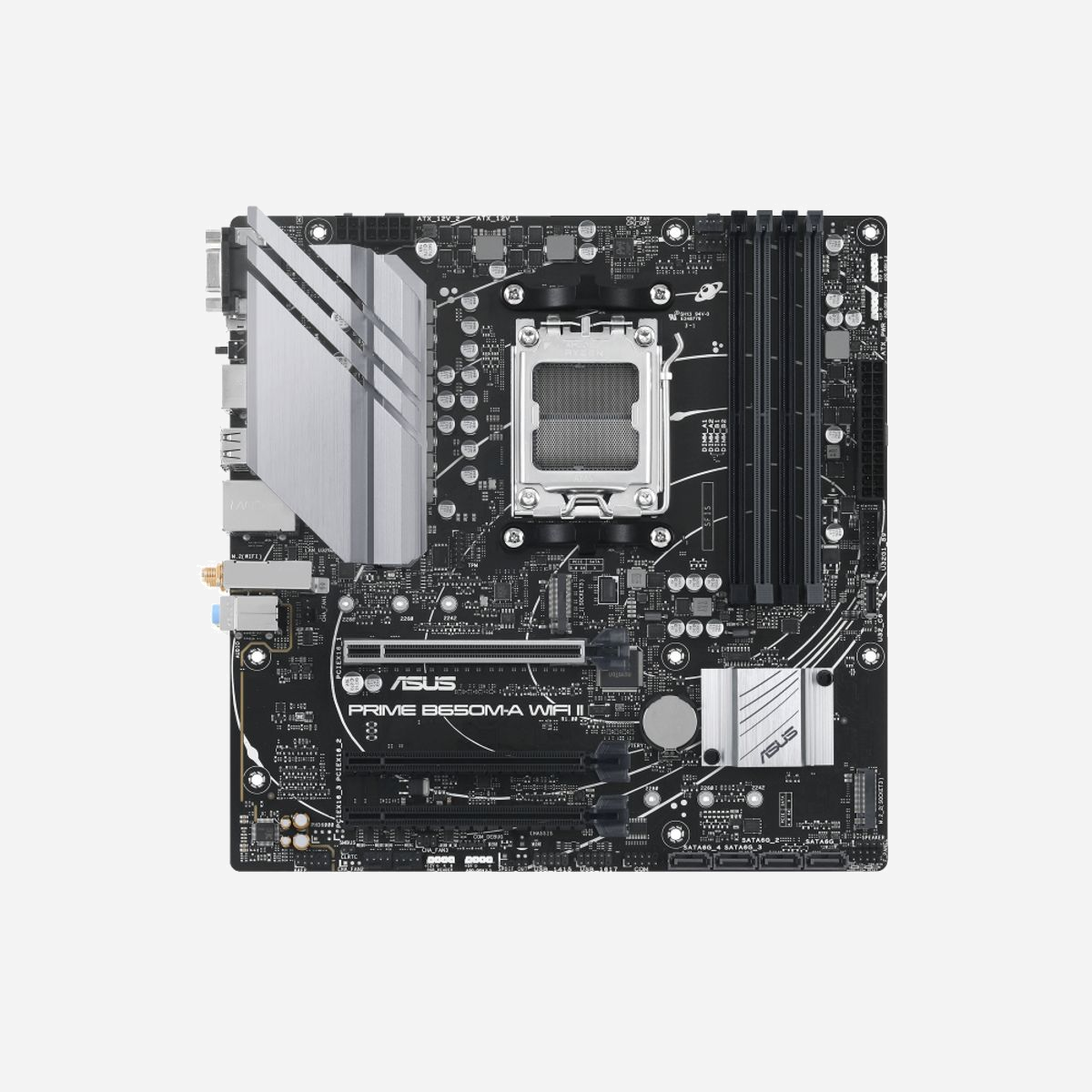 ASUS PRIME B650M-A WIFI II - Carte mère micro ATX AMD B650 Socket AM5, DDR5, Wi-Fi 6, 2.5GbE, M.2 PCIe 4.0/5.0, RAID, USB 3.2 Gen2 - ASUS PRIME B650M-A WIFI II. Fabricant de processeur: AMD, Socket de processeur (réceptable de processeur): Emplacement AM5, Processeurs compatibles: AMD Ryzen™ 7. Types de mémoire pris en charge: DDR5-SDRAM, Mémoire interne maximale: 128 Go, Type de support (slot): DIMM. Interfaces de lecteur de stockage prises en charge: M.2, PCI Express 4.0, PCI Express 5.0, SATA, Types de lecteurs de stockage pris en charge: HDD & SSD, Niveaux RAID: 0, 1, 10. Connecteur USB: USB Type-A. Type d'interface Ethernet: 2.5 Gigabit Ethernet, Norme Wi-Fi: Wi-Fi 6 (802.11ax), Standards wifi: 802.11a, 802.11b, 802.11g, Wi-Fi 4 (802.11n), Wi-Fi 5 (802.11ac), Wi-Fi 6 (802.11ax)