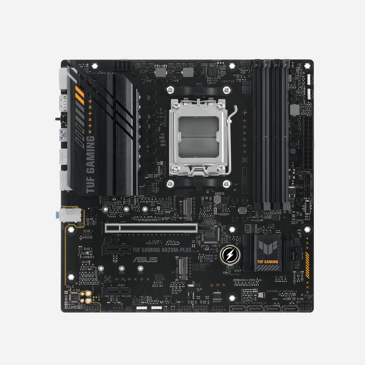 ASUS TUF GAMING A620M-PLUS : Carte mère micro ATX AMD A620 Socket AM5, DDR5, 2x M.2, 2.5GbE, PCIe 4.0, Ryzen 7000 Series, RAID 0/1/10 - ASUS TUF GAMING A620M-PLUS. Fabricant de processeur: AMD, Socket de processeur (réceptable de processeur): Emplacement AM5, Processeurs compatibles: AMD Ryzen 7000 Series. Types de mémoire pris en charge: DDR5-SDRAM, Mémoire interne maximale: 128 Go, Type de support (slot): DIMM. Interfaces de lecteur de stockage prises en charge: M.2, SATA III, Types de lecteurs de stockage pris en charge: HDD & SSD, Niveaux RAID: 0, 1, 10. Type d'interface Ethernet: 2.5 Gigabit Ethernet. composant pour: PC, Elément de forme de carte mère: micro ATX, famille de composant de produits: AMD
