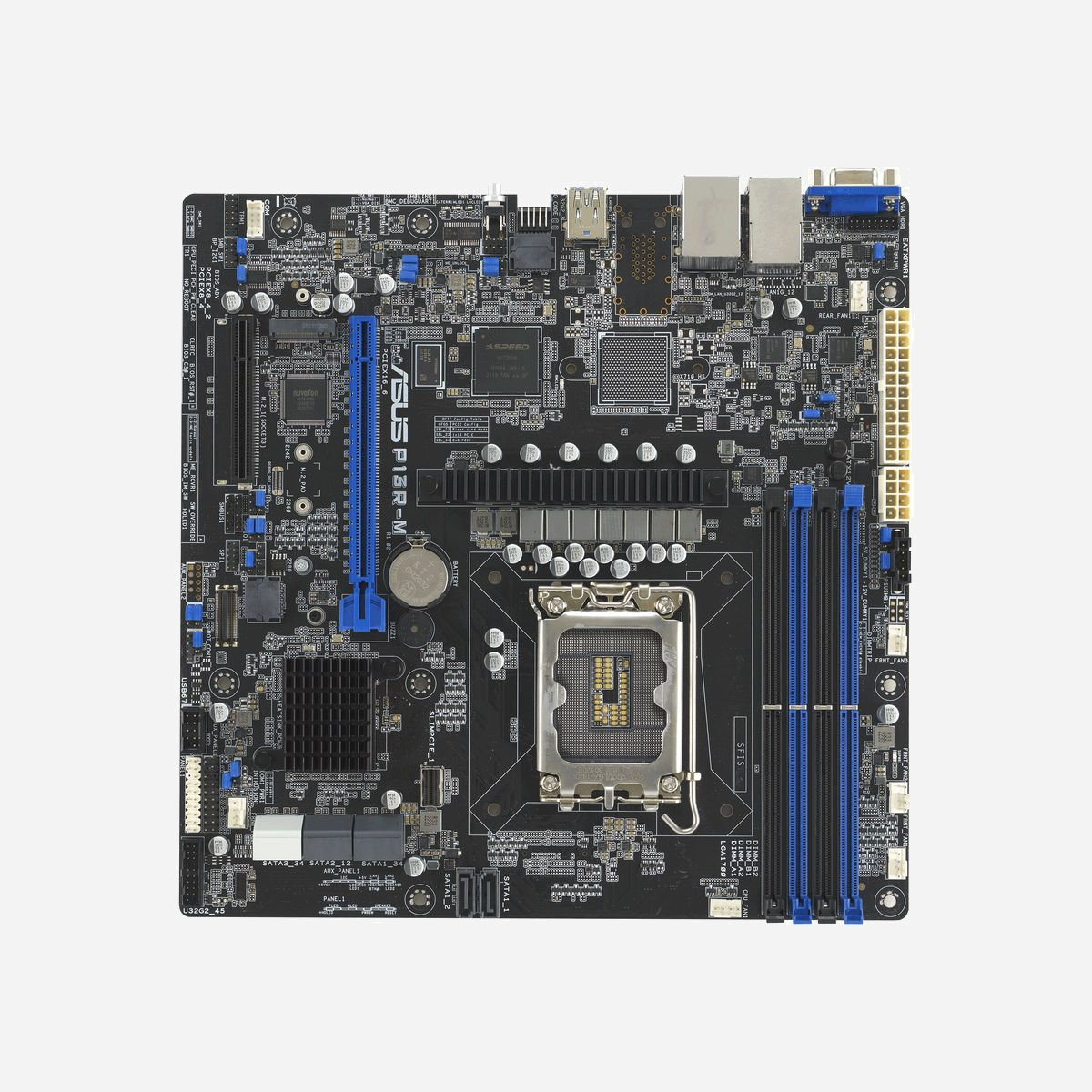 ASUS P13R-M : Carte mère micro ATX Intel C262 LGA 1700, DDR5, 128Go max, M.2, SATA III, ASPEED AST2600, Fast/Gigabit Ethernet, Serveur - ASUS P13R-M. Fabricant de processeur: Intel, Socket de processeur (réceptable de processeur): LGA 1700, Processeurs compatibles: Intel® Pentium®, Intel Xeon E. Types de mémoire pris en charge: DDR5-SDRAM, Mémoire interne maximale: 128 Go, Type de support (slot): DIMM. Interfaces de lecteur de stockage prises en charge: M.2, SATA III. Famille d'adaptateur graphique: ASPEED, Adaptateur graphique: AST2600. Type d'interface Ethernet: Fast Ethernet, Gigabit Ethernet