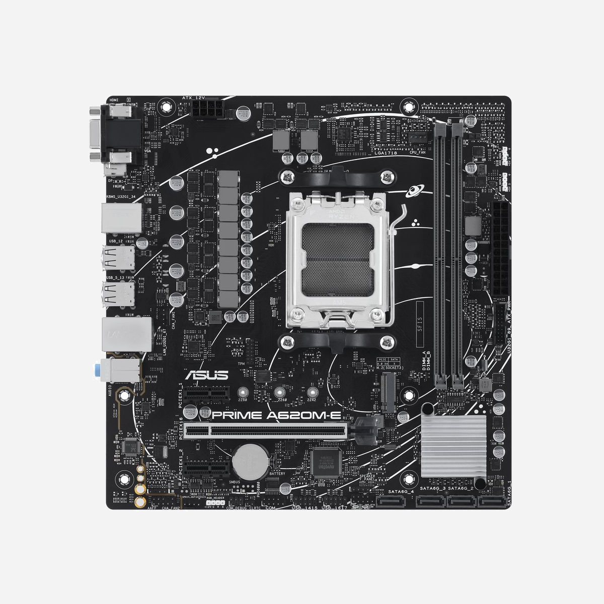 ASUS PRIME A620M-E-CSM : Carte mère micro ATX AMD A620, Socket AM5, DDR5-SDRAM, M.2, SATA III, Gigabit Ethernet, Ryzen 7000 Series - ASUS PRIME A620M-E-CSM. Fabricant de processeur: AMD, Socket de processeur (réceptable de processeur): Emplacement AM5, Processeurs compatibles: AMD Ryzen 7000 Series. Types de mémoire pris en charge: DDR5-SDRAM, Mémoire interne maximale: 96 Go, Type de support (slot): DIMM. Interfaces de lecteur de stockage prises en charge: M.2, SATA III, Types de lecteurs de stockage pris en charge: HDD & SSD, Niveaux RAID: 0, 1, 10. Type d'interface Ethernet: Gigabit Ethernet. composant pour: PC, Elément de forme de carte mère: micro ATX, famille de composant de produits: AMD