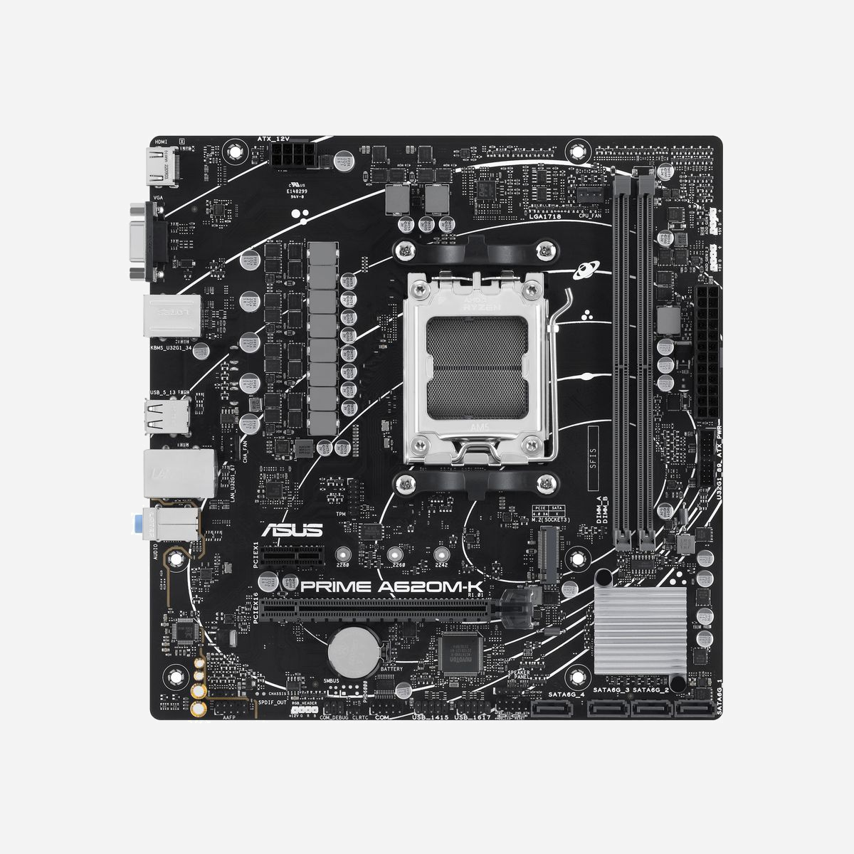 ASUS PRIME A620M-K : Carte mère micro ATX AMD A620, Socket AM5, DDR5, M.2, SATA III, Fast/Gigabit Ethernet, Windows 10/11, pour AMD Ryzen 7000 Series - ASUS PRIME A620M-K. Fabricant de processeur: AMD, Socket de processeur (réceptable de processeur): Emplacement AM5, Processeurs compatibles: AMD Ryzen 7000 Series. Types de mémoire pris en charge: DDR5-SDRAM, Mémoire interne maximale: 96 Go, Canaux de mémoire: Double canal. Interfaces de lecteur de stockage prises en charge: M.2, SATA III, Types de lecteurs de stockage pris en charge: HDD & SSD. Type d'interface Ethernet: Fast Ethernet, Gigabit Ethernet. composant pour: PC, Elément de forme de carte mère: micro ATX, famille de composant de produits: AMD