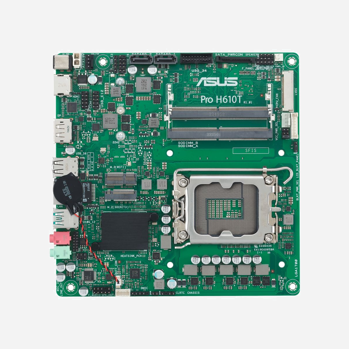 ASUS PRO H610T-CSM : Carte mère mini ITX Intel H610, Socket LGA 1700, DDR5 SO-DIMM 64Go, M.2, SATA III, Gigabit Ethernet, Windows 10/11 - ASUS PRO H610T-CSM. Fabricant de processeur: AMD, Socket de processeur (réceptable de processeur): LGA 1700, Processeurs compatibles: Intel® Celeron®, Intel® Core™ i3, Intel® Core™ i5, Intel® Core™ i7, Intel® Core™ i9,.... Types de mémoire pris en charge: DDR5-SDRAM, Mémoire interne maximale: 64 Go, Type de support (slot): SO-DIMM. Interfaces de lecteur de stockage prises en charge: M.2, SATA III, Types de lecteurs de stockage pris en charge: HDD & SSD. Type d'interface Ethernet: Fast Ethernet, Gigabit Ethernet. composant pour: PC, Elément de forme de carte mère: mini ITX, famille de composant de produits: Intel