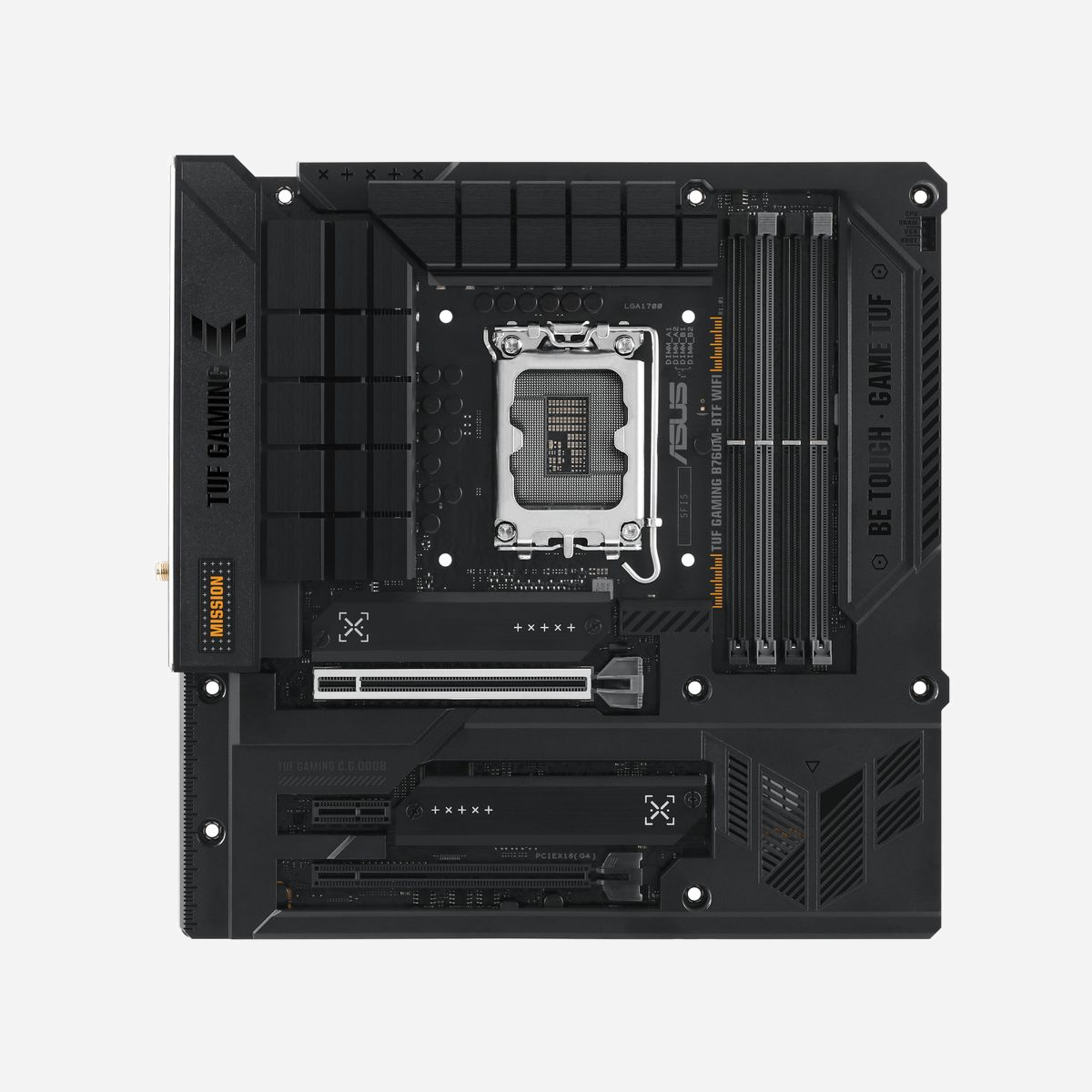 ASUS TUF GAMING B760M-BTF WIFI : Carte mère micro ATX Intel B760, Socket LGA 1700, DDR5, M.2, WiFi 6, 2.5GbE, compatible Windows 10/11 - ASUS TUF GAMING B760M-BTF WIFI. Fabricant de processeur: Intel, Socket de processeur (réceptable de processeur): LGA 1700, Processeurs compatibles: Intel® Celeron®, Intel® Core™ i3, Intel® Core™ i5, Intel® Core™ i7, Intel® Core™ i9,.... Types de mémoire pris en charge: DDR5-SDRAM, Mémoire interne maximale: 192 Go, Type de support (slot): DIMM. Interfaces de lecteur de stockage prises en charge: M.2, SATA III, Types de lecteurs de stockage pris en charge: HDD & SSD, Niveaux RAID: 0, 1, 5, 10. Type d'interface Ethernet: 2.5 Gigabit Ethernet, Norme Wi-Fi: Wi-Fi 6 (802.11ax), Standards wifi: 802.11a, 802.11b, 802.11g, Wi-Fi 4 (802.11n), Wi-Fi 5 (802.11ac), Wi-Fi 6 (802.11ax). composant pour: PC, Elément de forme de carte mère: micro ATX, famille de composant de produits: Intel