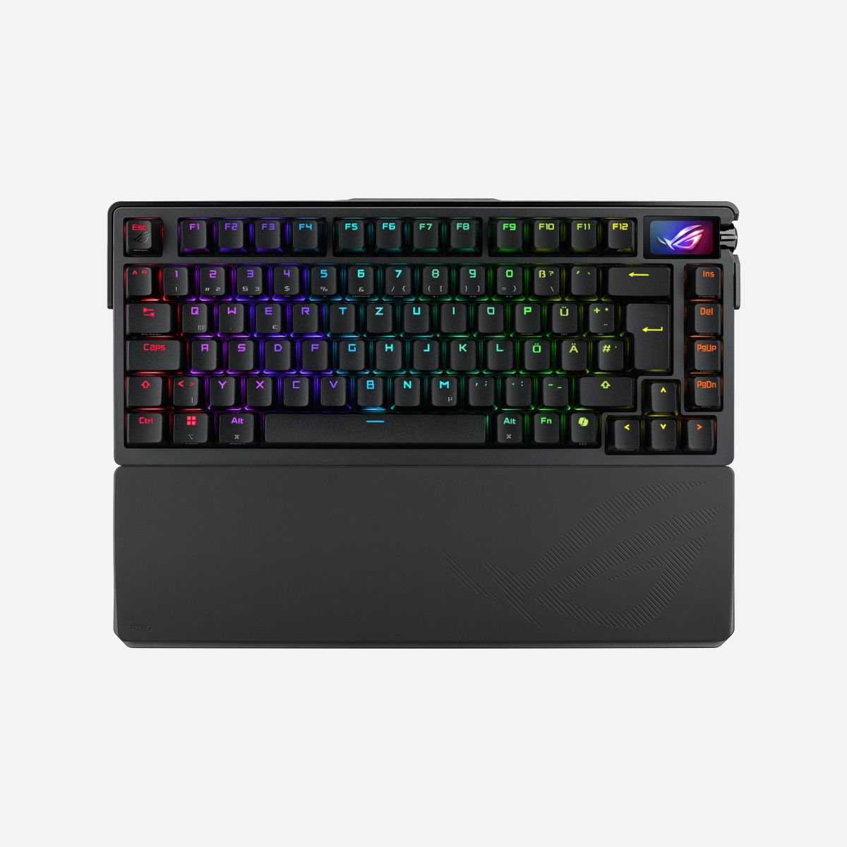 ASUS ROG Azoth Extreme - Clavier Gamer 75% QWERTZ, USB+RF Wireless+Bluetooth, Mécanique, Rétroéclairage LED RGB, OLED, 8000Hz, Anti-ghosting, Windows 11/macOS - ASUS ROG Azoth Extreme. Facteur de forme du clavier: 75%, Technologie de connectivité: Avec fil &sans fil, Interface de l'appareil: USB + RF Wireless + Bluetooth, Interrupteur à clé de clavier: Clavier mécanique, Disposition des touches du clavier: QWERTZ. Type de rétro: LED RGB, Repose-poignets. Longueur de câble: 2 m. Utilisation recommandée: Jouer. Couleur du produit: Noir