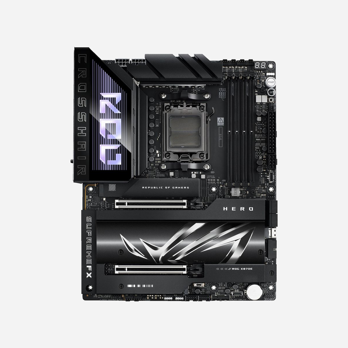 ASUS ROG CROSSHAIR X870E HERO - Carte mère ATX AMD X870E Socket AM5, DDR5, Wi-Fi 7, 2.5/5GbE, Multiples M.2, USB4, PCIe 5.0, Realtek ALC4082 - ASUS ROG CROSSHAIR X870E HERO. Fabricant de processeur: AMD, Socket de processeur (réceptable de processeur): Emplacement AM5, Prise en charge des douilles du processeur: Emplacement AM5. Types de mémoire pris en charge: DDR5-SDRAM, Mémoire interne maximale: 192 Go, Type de support (slot): DIMM. Interfaces de lecteur de stockage prises en charge: M.2, SATA III, SlimSAS, Types de lecteurs de stockage pris en charge: HDD & SSD, Niveaux RAID: 0, 1, 10, 5. Type d'interface Ethernet: 2.5 Gigabit Ethernet, 5 Gigabit Ethernet, Norme Wi-Fi: Wi-Fi 7 (802.11be), Standards wifi: Wi-Fi 7 (802.11be). composant pour: PC, Elément de forme de carte mère: ATX, famille de composant de produits: AMD