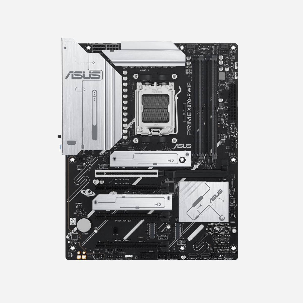 ASUS Prime X870-P WIFI : Carte mère ATX AMD X870 Socket AM5, DDR5-SDRAM jusqu'à 192Go 8000MHz, M.2/SATA III, Wi-Fi 7, 2.5GbE, PCIe 5.0 - ASUS Prime X870-P WIFI. Fabricant de processeur: AMD, Socket de processeur (réceptable de processeur): Emplacement AM5, Processeurs compatibles: AMD Ryzen 7000 Series, AMD Ryzen 8000 Series, AMD Ryzen 9000 Series. Types de mémoire pris en charge: DDR5-SDRAM, Mémoire interne maximale: 192 Go, Type de support (slot): DIMM. Interfaces de lecteur de stockage prises en charge: M.2, SATA III, Types de lecteurs de stockage pris en charge: HDD & SSD, Niveaux RAID: 0, 1, 5, 10. Version de DisplayPort: 1.4a. Type d'interface Ethernet: 2.5 Gigabit Ethernet, Norme Wi-Fi: Wi-Fi 7 (802.11be), Standards wifi: 802.11a, 802.11b, 802.11g, Wi-Fi 4 (802.11n), Wi-Fi 5 (802.11ac), Wi-Fi 6 (802.11ax), Wi-Fi 6E...