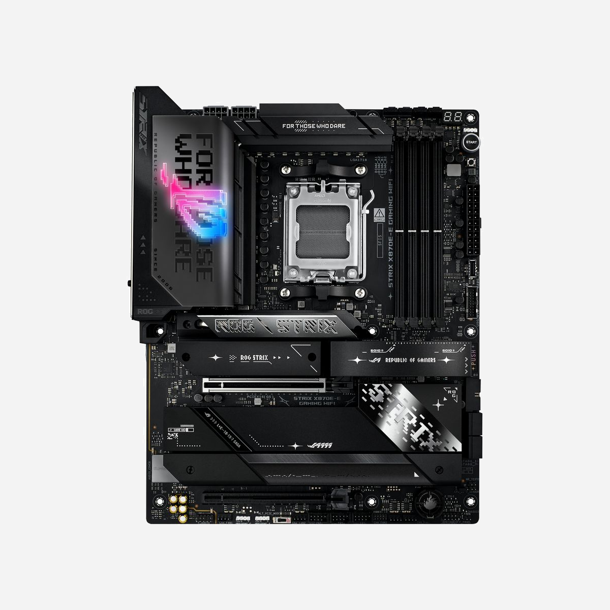 ASUS ROG STRIX X870E-E GAMING WIFI : Carte Mère AMD X870E Socket AM5, DDR5, 5GbE, Wi-Fi 7, M.2, ATX, Realtek ALC4080, Ports USB 3.2 Gen 2/2x2 & USB4 - ASUS ROG STRIX X870E-E GAMING WIFI. Fabricant de processeur: AMD, Socket de processeur (réceptable de processeur): Emplacement AM5, Prise en charge des douilles du processeur: Emplacement AM5. Types de mémoire pris en charge: DDR5-SDRAM, Mémoire interne maximale: 192 Go, Type de support (slot): DIMM. Interfaces de lecteur de stockage prises en charge: M.2, SATA III, Types de lecteurs de stockage pris en charge: HDD & SSD, Niveaux RAID: 0, 1, 10, 5. Type d'interface Ethernet: 5 Gigabit Ethernet, Norme Wi-Fi: Wi-Fi 7 (802.11be), Standards wifi: Wi-Fi 7 (802.11be). composant pour: PC, Elément de forme de carte mère: ATX, famille de composant de produits: AMD