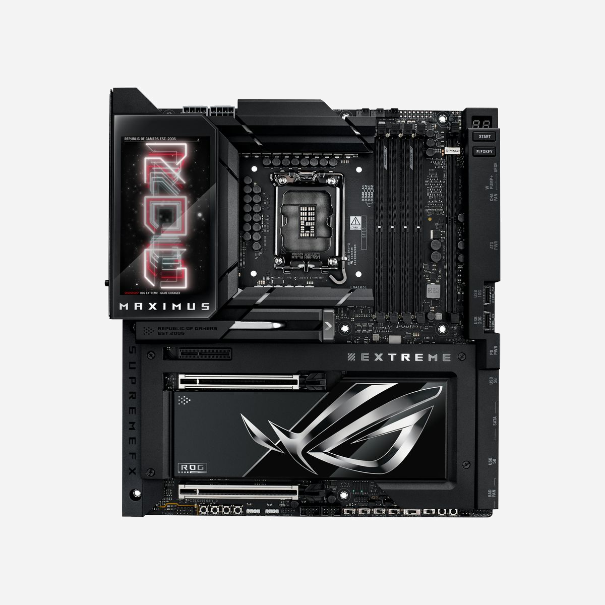 ASUS ROG MAXIMUS Z890 EXTREME : Carte mère Intel Z890, Socket LGA 1851, DDR5 192Go (max), Wi-Fi 7, Ethernet 2.5GbE/10GbE, 6x M.2, ATX étendu. - ASUS ROG MAXIMUS Z890 EXTREME. Fabricant de processeur: Intel, Socket de processeur (réceptable de processeur): LGA 1851 (Socket V1), Processeurs compatibles: Intel Core Ultra (Series 2). Types de mémoire pris en charge: DDR5-SDRAM, Mémoire interne maximale: 192 Go, Type de support (slot): DIMM. Interfaces de lecteur de stockage prises en charge: M.2, SATA III, Types de lecteurs de stockage pris en charge: HDD & SSD, Niveaux RAID: 0, 1, 5. Type d'interface Ethernet: 2.5 Gigabit Ethernet, 10 Gigabit Ethernet, Norme Wi-Fi: Wi-Fi 7 (802.11be). composant pour: PC, Elément de forme de carte mère: ATX étendu, famille de composant de produits: Intel