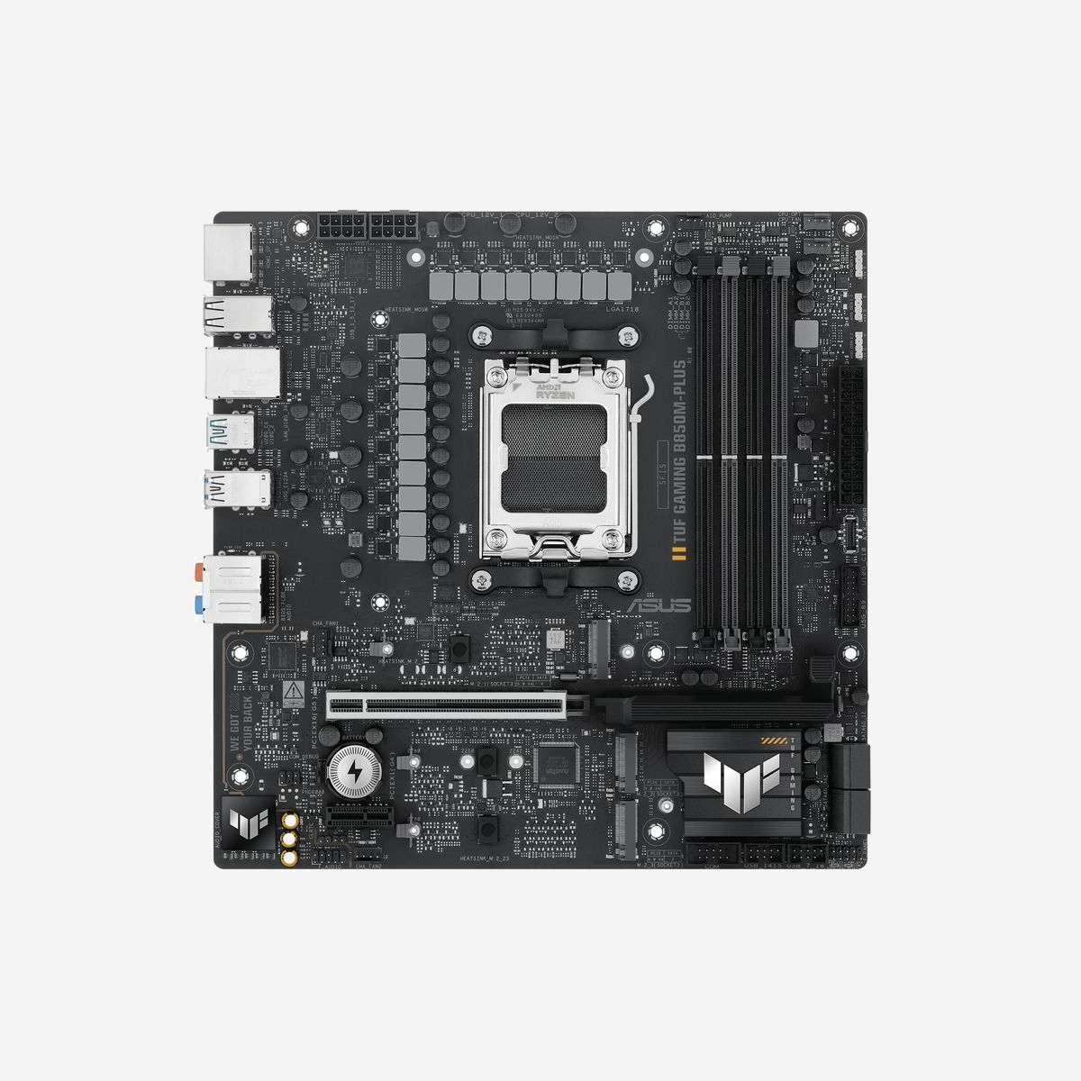 ASUS TUF GAMING B850M-PLUS : Carte mère micro ATX AMD B850 Socket AM5, DDR5, 3x M.2 PCIe Gen4/Gen5, 2.5GbE, RAID 0/1/5/10, Realtek ALC1220P - ASUS TUF GAMING B850M-PLUS. Fabricant de processeur: AMD, Socket de processeur (réceptable de processeur): Emplacement AM5, Processeurs compatibles: AMD Ryzen 7000 Series, AMD Ryzen 8000 Series, AMD Ryzen 9000 Series. Types de mémoire pris en charge: DDR5-SDRAM, Mémoire interne maximale: 192 Go, Type de support (slot): DIMM. Interfaces de lecteur de stockage prises en charge: M.2, SATA III, Types de lecteurs de stockage pris en charge: HDD & SSD, Niveaux RAID: 0, 1, 5, 10. Type d'interface Ethernet: 2.5 Gigabit Ethernet. composant pour: PC, Elément de forme de carte mère: micro ATX, famille de composant de produits: AMD