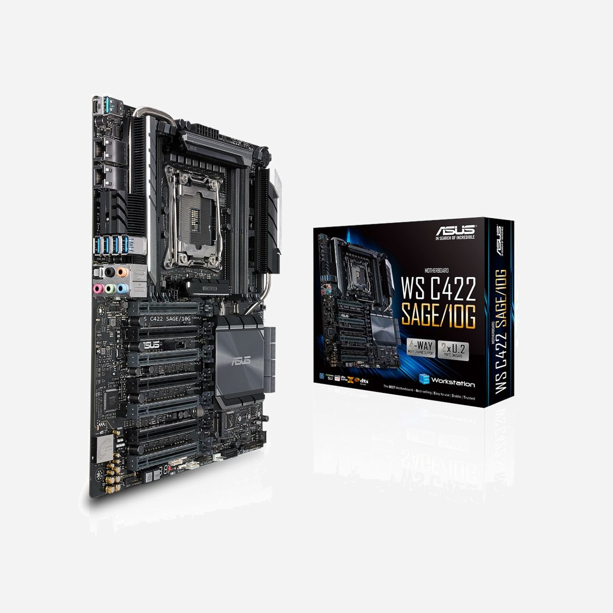 ASUS WS C422 SAGE/10G : Carte mère CEB Intel C422, Socket LGA 2066, DDR4 Quad-Channel 512Go max, 8 SATA III, RAID 0/1/5/10, Dual 10GbE, 4-Way SLI/CrossFireX. - ASUS WS C422 SAGE/10G. Fabricant de processeur: Intel, Socket de processeur (réceptable de processeur): LGA 2066 (Socket R4), Lithographie: 14 nm. Types de mémoire pris en charge: DDR4-SDRAM, Mémoire interne maximale: 512 Go, Canaux de mémoire: Quadri-canal. Interfaces de lecteur de stockage prises en charge: SATA III, Niveaux RAID: 0, 1, 5, 10. Technologie de Traitement en parallèle: 4-Way CrossFireX, 4-Way SLI. Type d'interface Ethernet: 10 Gigabit Ethernet, Contrôleur de réseau local (LAN): Intel® X550-AT2