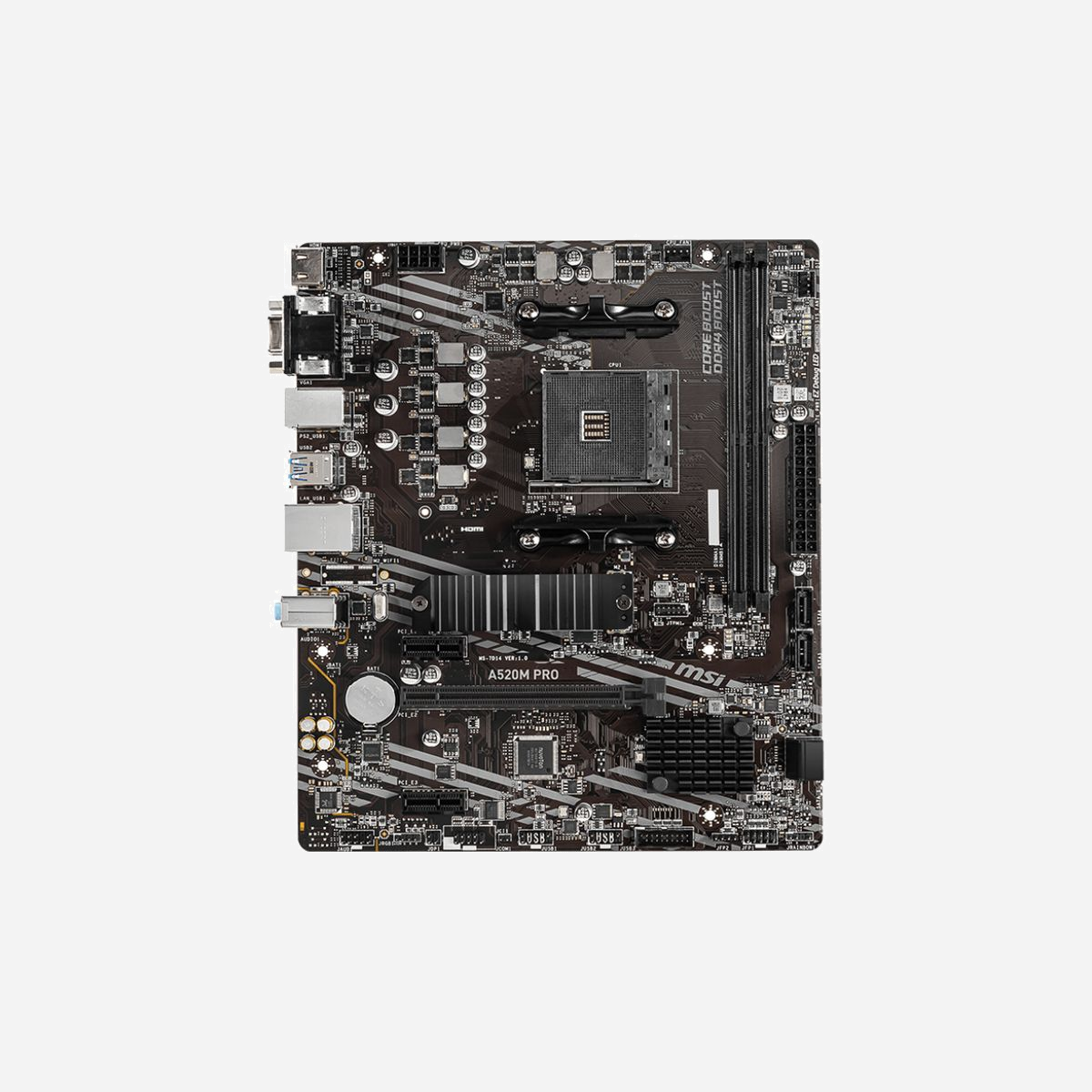 MSI A520M PRO : Carte Mère micro ATX AMD A520 Socket AM4, DDR4, PCIe 3.0, M.2, Realtek LAN, Audio 7.1, Ryzen 3000 Series, HDMI/DP, 64Go RAM - MSI A520M PRO. Fabricant de processeur: AMD, Socket de processeur (réceptable de processeur): Emplacement AM4, Processeurs compatibles: AMD Ryzen 3000 Series. Types de mémoire pris en charge: DDR4-SDRAM, Mémoire interne maximale: 64 Go, Type de support (slot): DIMM. Interfaces de lecteur de stockage prises en charge: PCI Express 3.0, SATA, Types de lecteurs de stockage pris en charge: HDD & SSD, Niveaux RAID: 0, 1, 10. Résolution maximale: 4096 x 2160 pixels. Type d'interface Ethernet: Gigabit Ethernet, Contrôleur de réseau local (LAN): Realtek 8111H