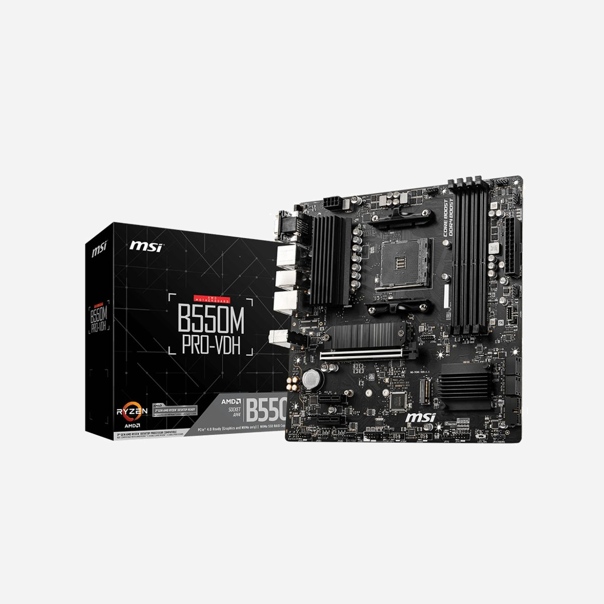 MSI B550M PRO-VDH : Carte mère micro ATX AMD B550, Socket AM4, DDR4, 128Go max, SATA III, RAID 0/1/10, Gigabit Ethernet, M.2, HDMI 2.1/DisplayPort - MSI B550M PRO-VDH. Fabricant de processeur: AMD, Socket de processeur (réceptable de processeur): Emplacement AM4, Processeurs compatibles: AMD Ryzen 3000 Series. Types de mémoire pris en charge: DDR4-SDRAM, Mémoire interne maximale: 128 Go, Type de support (slot): DIMM. Interfaces de lecteur de stockage prises en charge: SATA III, Types de lecteurs de stockage pris en charge: HDD & SSD, Niveaux RAID: 0, 1, 10. Résolution maximale: 4096 x 2160 pixels. Type d'interface Ethernet: Gigabit Ethernet, Contrôleur de réseau local (LAN): Realtek 8111HN