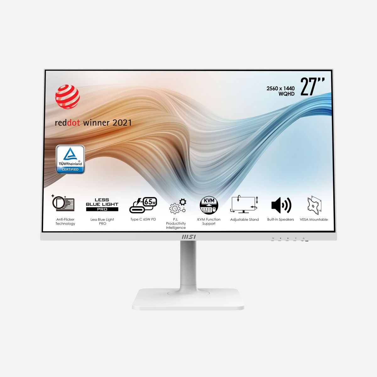 MSI Modern MD272QPW Écran LED 27" Wide Quad HD (2560x1440) IPS, 4ms, 75Hz, 300cd/m², USB Hub 2.0, HDMI 1.4b, DisplayPort 1.2, Blanc - MSI Modern MD272QPW. Taille de l'écran: 68,6 cm (27"), Résolution de l'écran: 2560 x 1440 pixels, Type HD: Wide Quad HD, Technologie d'affichage: LED, Temps de réponse: 4 ms, Format d'image: 16:9, Angle de vision horizontal: 178°, Angle de vision vertical: 178°. Haut-parleurs intégrés. Concentrateur USB intégré, Version du concentrateur USB: 2.0. Montage VESA, Réglage de la hauteur. Couleur du produit: Blanc