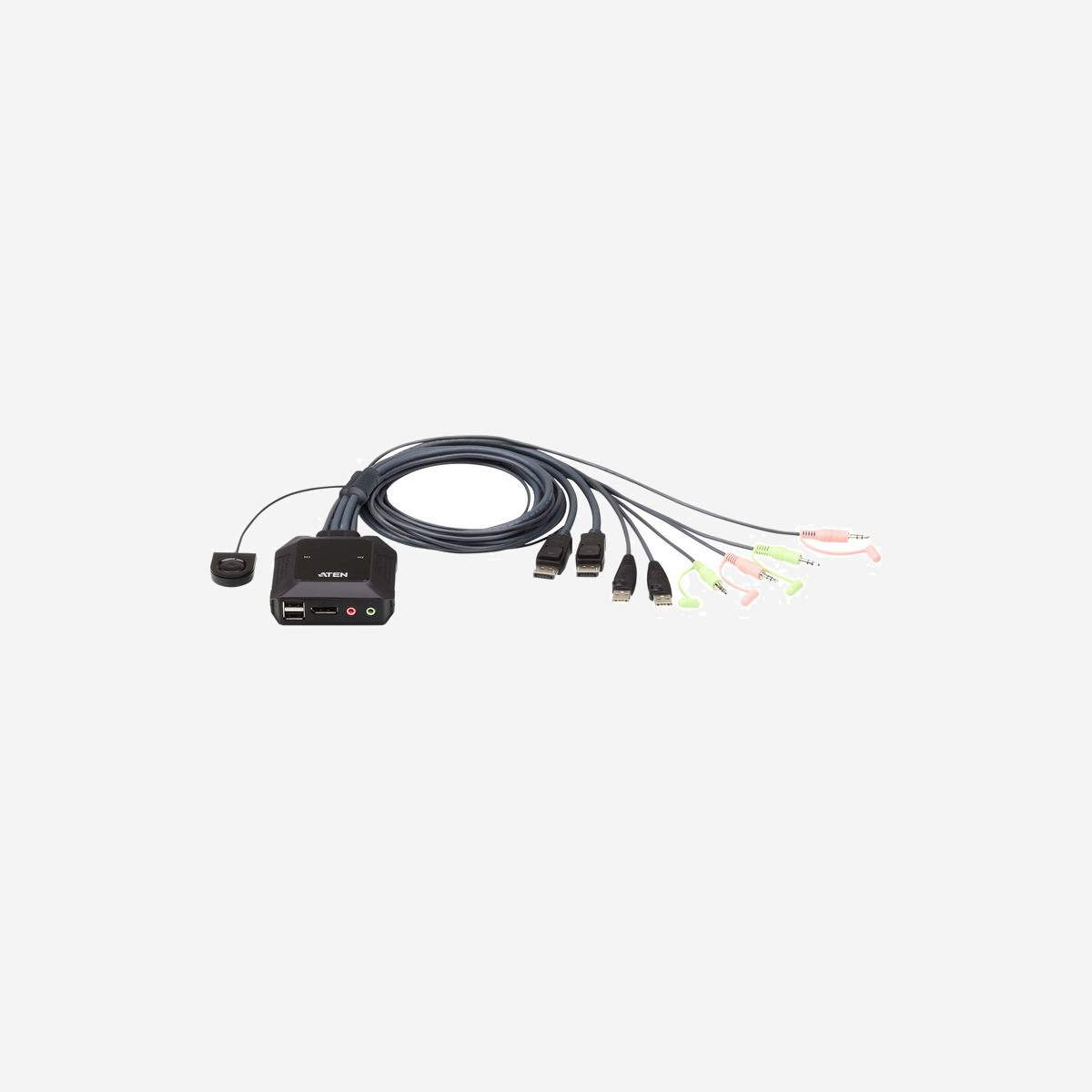ATEN Commutateur KVM 2 Ports DisplayPort USB 2.0 4K UHD (4096x2160@30Hz) avec Audio, Câbles Intégrés (1.2m), Sélecteur de Port Distant - Le commutateur KVM câble DisplayPort USB 2 ports CS22DP est une unité de contrôle qui permet d'accéder à deux ordinateurs depuis une seule console USB et DisplayPort (clavier, vidéo et souris) avec audio. Avec le CS22DP, vous pouvez basculer rapidement et sans effort entre deux ordinateurs DisplayPort à l'aide d'un bouton-poussoir sélecteur de port distant pratique.<br>1x CS22DP Commutateur KVM câble DisplayPort USB 2 ports <br>1x Instructions utilisateur