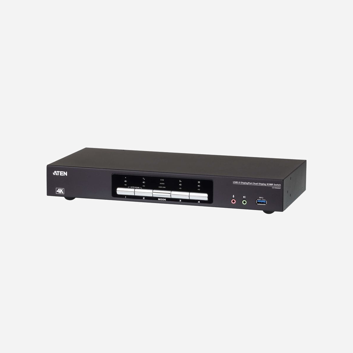 ATEN Commutateur KVMP™ CS1944DP : 4 Ports DisplayPort 4K, USB 3.0, Hub USB 3.2 Gen 1, Audio 3.5mm, Résolution 4096x2160 60Hz. - Le commutateur KVM de bureau ATEN CS1944DP permet d'organiser votre bureau. Particulièrement lors de la gestion d'un poste de travail multimédia dans une grande entreprise, le CS1944DP vous offre un accès instantané à deux ou quatre ordinateurs, à travers un seul clavier USB, une souris USB et deux moniteurs DisplayPort.<br>1x Commutateur KVMP™ deux affichage DisplayPort 4K 4 ports USB 3.0<br>8x LIN5-20K1-K13G Câbles DisplayPort 1.2<br>4x LIN6-11C1-E12G Câbles USB 3.0<br>8x LIN5-0205-21CG/LIN5-0205-21DG Câbles audio<br>1x LIN2-418K-E12G Adaptateur d'alimentation<br>1x Instructions utilisateur
