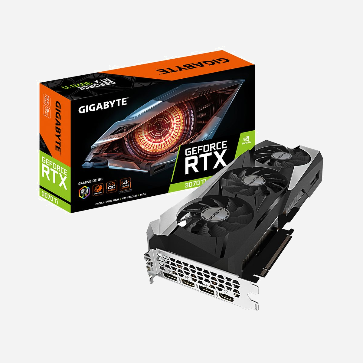 GIGABYTE GeForce RTX 3070 Ti GAMING OC 8GB GDDR6X, Fréquence 1830MHz, 6144 CUDA Cores, PCI Express 4.0, 2x HDMI 2.1, 2x DisplayPort 1.4a - GIGABYTE GAMING GV-N307TGAMING OC-8GD. Processeur graphique famille: NVIDIA, Processeur graphique: GeForce RTX 3070 Ti, Fréquence du processeur: 1830 MHz. Mémoire carte graphique distincte: 8 Go, Type de mémoire de l'adaptateur graphique: GDDR6X, Mémoire Bus: 256 bit, Fréquence de la mémoire: 19000 MHz. Résolution maximale: 7680 x 4320 pixels. Version DirectX: 12 Ultimate, Version OpenGL: 4.6. Type d'interface: PCI Express x16 4.0. Type de refroidissement: Actif, Nombre de ventilateurs: 3 ventilateur(s), Couleur de l'éclairage: Multi