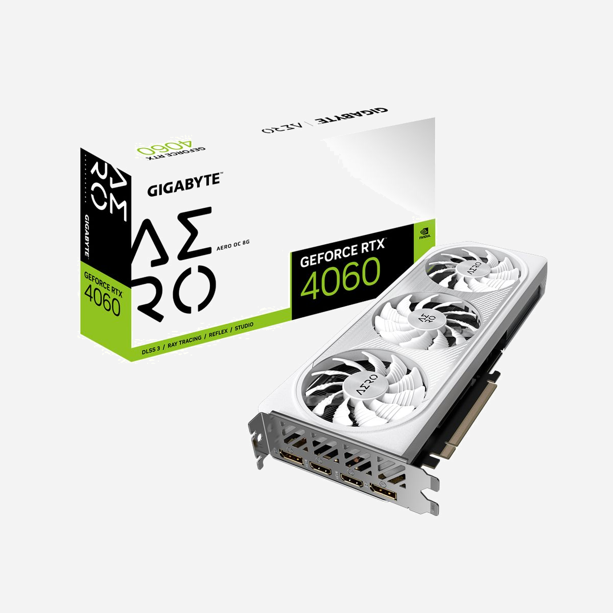 GIGABYTE AERO GeForce RTX 4060 OC 8G - GPU NVIDIA 2550MHz, 8GB GDDR6 128-bit, PCIe 4.0, DisplayPort 1.4a/HDMI 2.1a, Refroidissement Actif Triple Ventilateur - GIGABYTE AERO GeForce RTX 4060 OC 8G. Processeur graphique famille: NVIDIA, Processeur graphique: GeForce RTX 4060, Fréquence du processeur: 2550 MHz. Mémoire carte graphique distincte: 8 Go, Type de mémoire de l'adaptateur graphique: GDDR6, Mémoire Bus: 128 bit. Résolution maximale: 7680 x 4320 pixels. Version DirectX: 12 Ultimate, Version OpenGL: 4.6. Type d'interface: PCI Express 4.0. Type de refroidissement: Actif, Nombre de ventilateurs: 3 ventilateur(s)