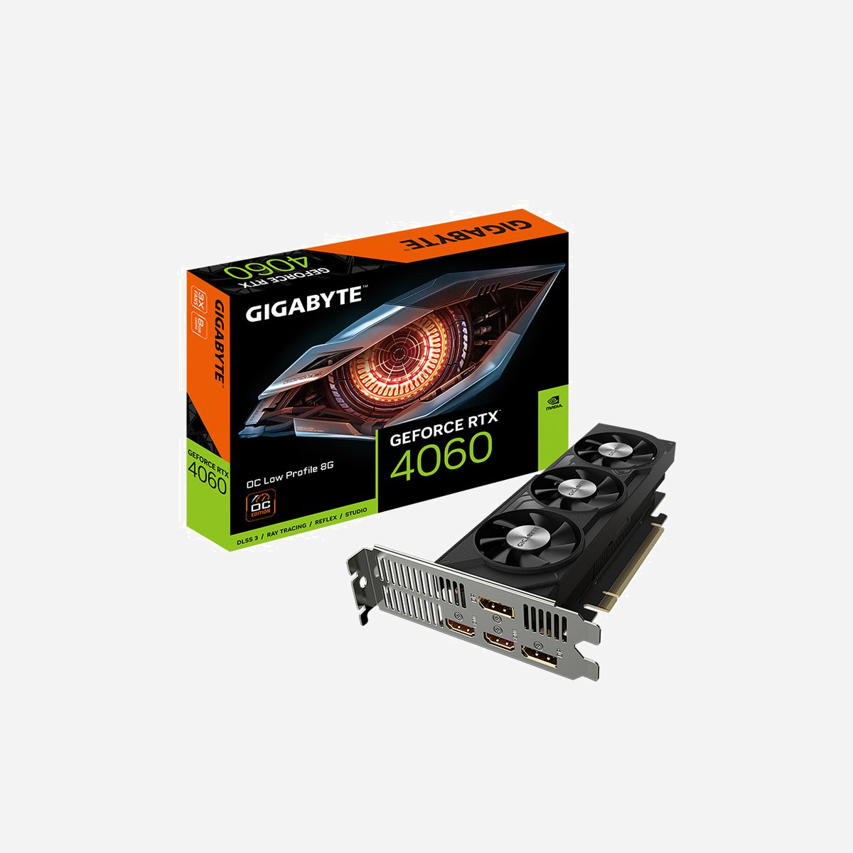 GIGABYTE GeForce RTX 4060 OC Low Profile 8G, 8 Go GDDR6, 2475 MHz, 3072 CUDA, PCIe 4.0, HDMI 2.1a, DisplayPort 1.4a - GIGABYTE GeForce RTX 4060 OC Low Profile 8G. Processeur graphique famille: NVIDIA, Processeur graphique: GeForce RTX 4060, Fréquence du processeur: 2475 MHz. Mémoire carte graphique distincte: 8 Go, Type de mémoire de l'adaptateur graphique: GDDR6, Mémoire Bus: 128 bit. Résolution maximale: 7680 x 4320 pixels. Version DirectX: 12 Ultimate, Version OpenGL: 4.6. Type d'interface: PCI Express 4.0. Type de refroidissement: Actif, Nombre de ventilateurs: 3 ventilateur(s)