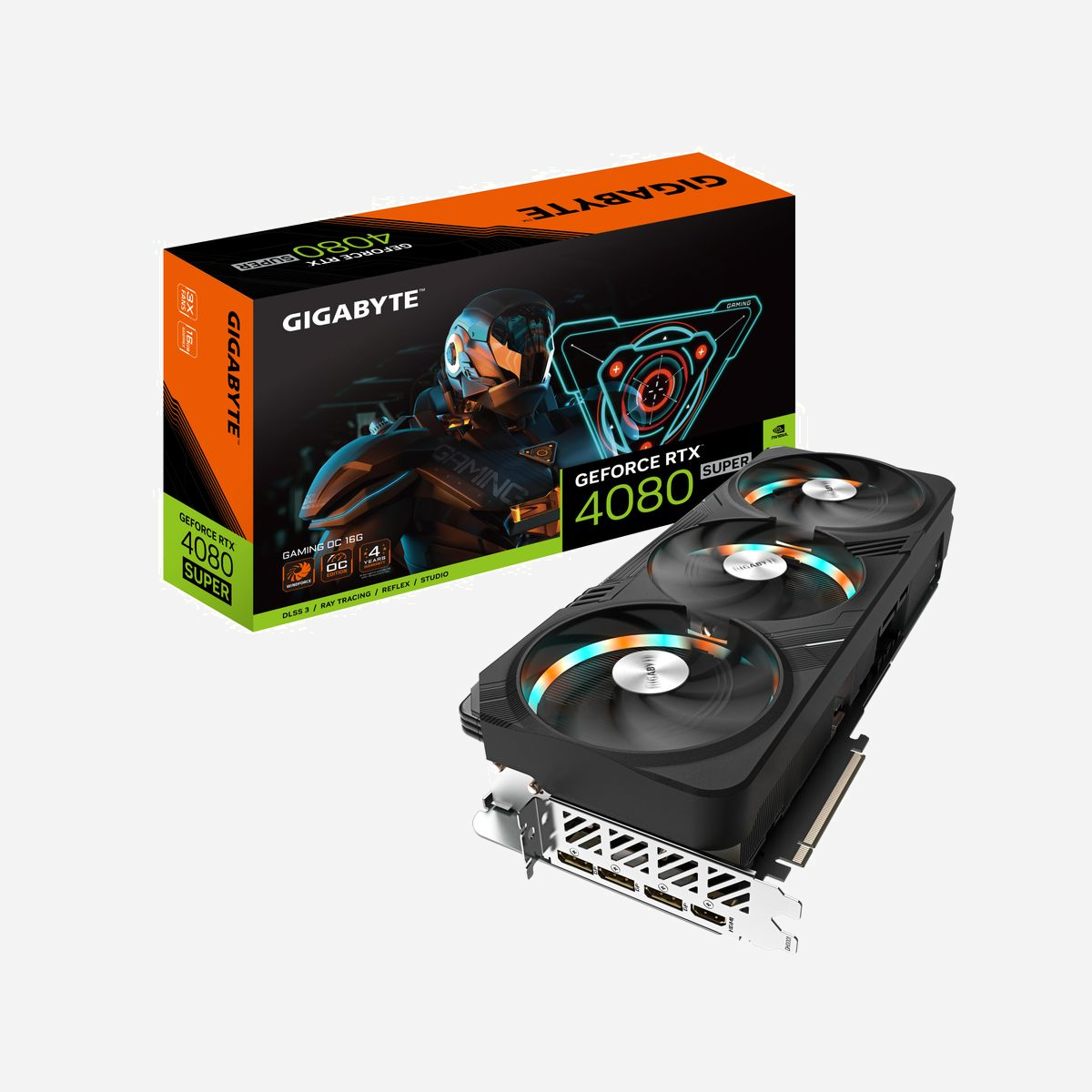 GIGABYTE GeForce RTX 4080 SUPER OC 16G, 16GB GDDR6X, 256-bit, PCIe 4.0, WINDFORCE 3X, HDMI 2.1a, DisplayPort 1.4a - GIGABYTE GAMING GeForce RTX 4080 SUPER OC 16G. Processeur graphique famille: NVIDIA, Processeur graphique: GeForce RTX 4080 SUPER, Fréquence du processeur: 2595 MHz. Mémoire carte graphique distincte: 16 Go, Type de mémoire de l'adaptateur graphique: GDDR6X, Mémoire Bus: 256 bit, Fréquence de la mémoire: 23000 MHz. Résolution maximale: 7680 x 4320 pixels. Version DirectX: 12 Ultimate, Version OpenGL: 4.6. Type d'interface: PCI Express 4.0. Type de refroidissement: Actif, Nombre de ventilateurs: 3 ventilateur(s)