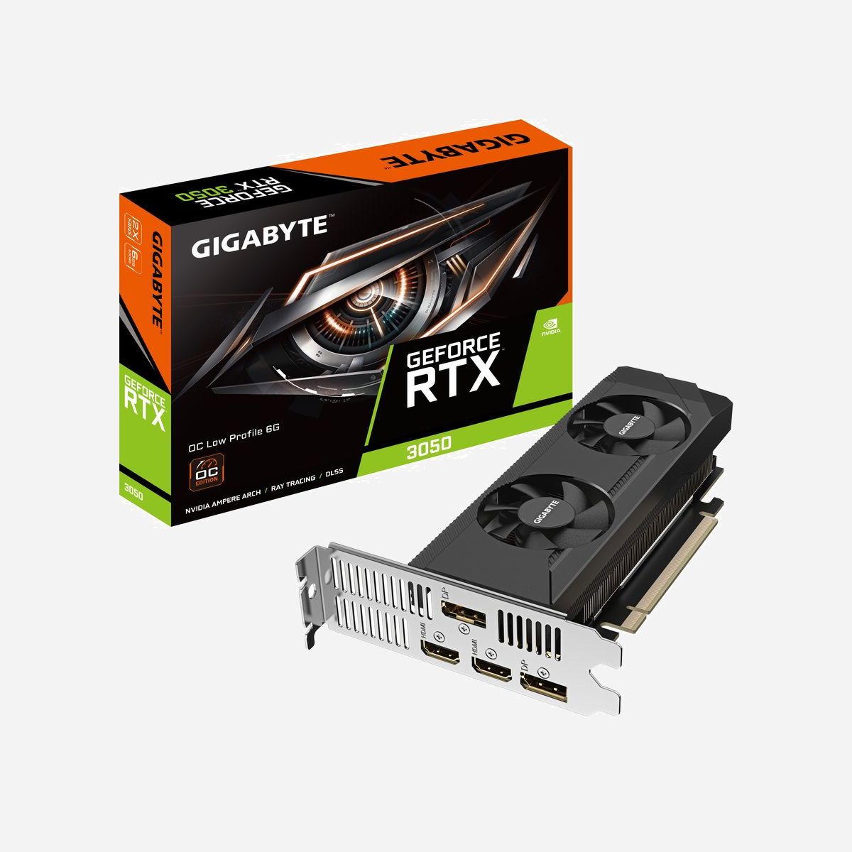 GIGABYTE GeForce RTX 3050 OC Low Profile 6G - 6 Go GDDR6, 1477 MHz, 2304 CUDA, PCI Express 4.0, HDMI 2.1/DisplayPort 1.4a - GIGABYTE GeForce RTX 3050 OC Low Profile 6G. Processeur graphique famille: NVIDIA, Processeur graphique: GeForce RTX 3050, Fréquence du processeur: 1477 MHz. Mémoire carte graphique distincte: 6 Go, Type de mémoire de l'adaptateur graphique: GDDR6, Mémoire Bus: 96 bit, Fréquence de la mémoire: 14000 MHz. Résolution maximale: 7680 x 4320 pixels. Version DirectX: 12 Ultimate, Version OpenGL: 4.6. Type d'interface: PCI Express 4.0. Type de refroidissement: Actif, Nombre de ventilateurs: 2 ventilateur(s)