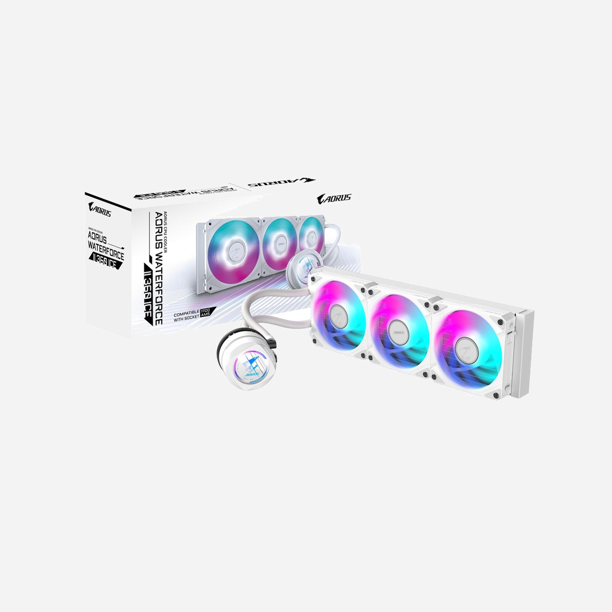 GIGABYTE AORUS WATERFORCE II 360 ICE : Refroidisseur liquide AIO, 3x 120mm ARGB, 800-2300 RPM, 64.95 CFM, 12.8-36.9 dB, LGA 1851/AM5, TDP 300W - L'AORUS WATERFORCE II 360 ICE est un refroidisseur de CPU haute performance avec une conception EZ-Chain pour un câblage simplifié et un encombrement réduit. Il est doté d'un éclairage ARGB personnalisable et de pales de ventilateur perfectionnées pour un flux d'air optimisé et un refroidissement silencieux. Compatible avec les sockets Intel et AMD, il est parfait pour les bricoleurs à la recherche d'un PC plus performant et plus esthétique.