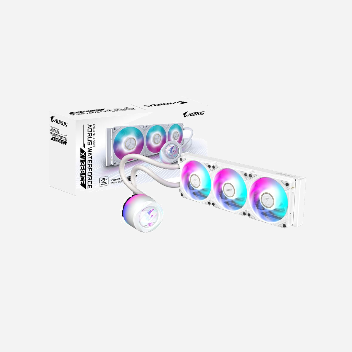GIGABYTE AORUS WATERFORCE X II 360 ICE - Refroidissement liquide AIO, radiateur 394mm, 3x 120mm ARGB, LCD, LGA 1851/AM5, TDP 300W - Le refroidisseur de CPU AORUS WATERFORCE X II 360 ICE permet d'atteindre une efficacité de refroidissement maximale. Le système EZ Chain Mag simplifie l'installation pour tous les utilisateurs. Le contrôle en temps réel via l'écran LCD AORUS permet plusieurs options de personnalisation. La puissance et le débit améliorés garantissent un refroidissement turbocompressé, avec des effets lumineux ARGB configurables pour un style personnalisé. Idéal pour les passionnés qui donnent la priorité aux performances et à l'esthétique dans leurs configurations.